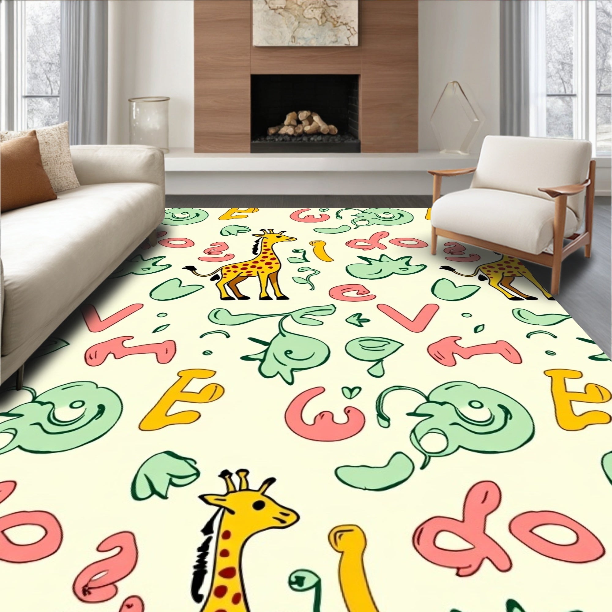 Playful Giraffe Yellow and Pink Alphabet Rug