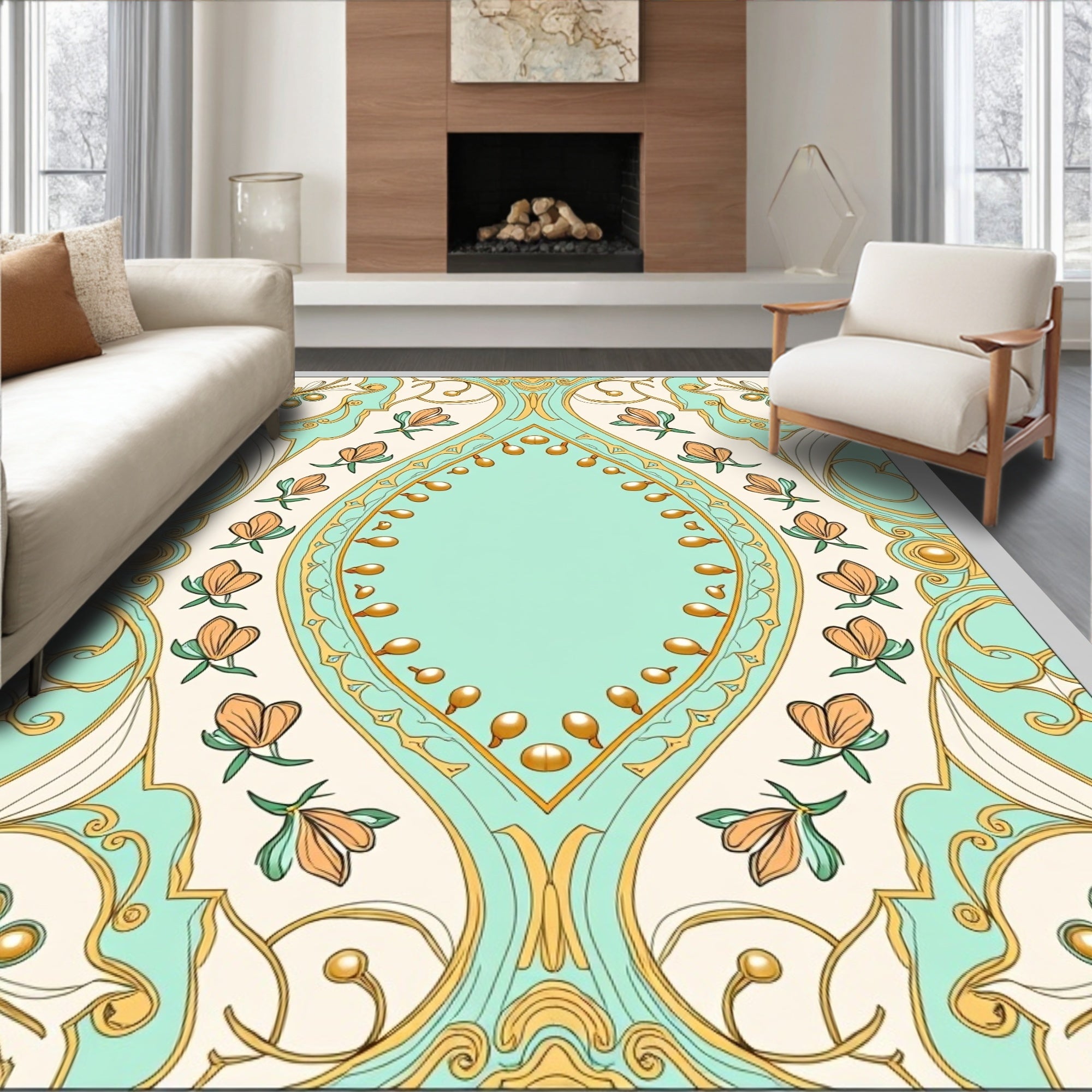 Aqua Peach Gold Floral Medallion Rug