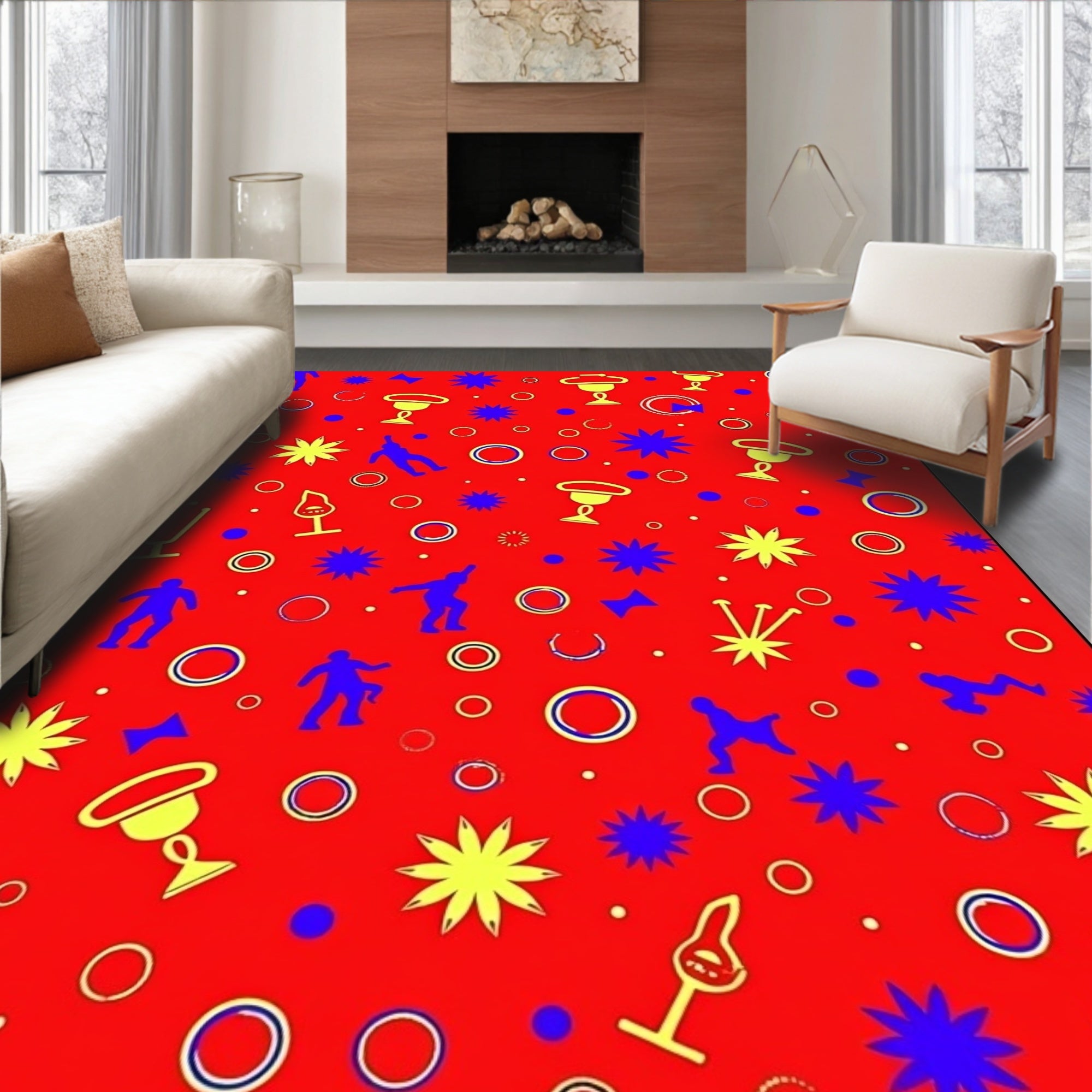 Red Yellow Blue Stylized Figures Cups Rug
