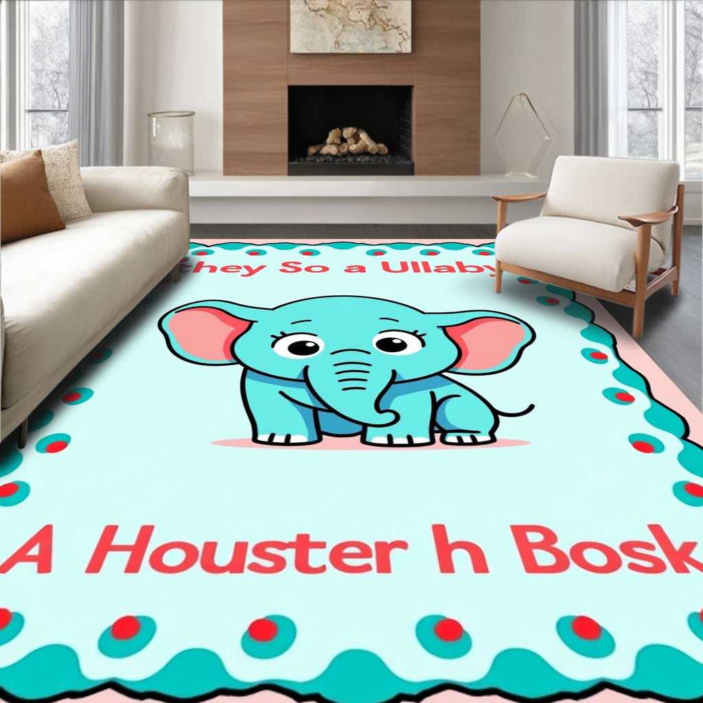 Cute Aqua Elephant Lullaby Border Rug