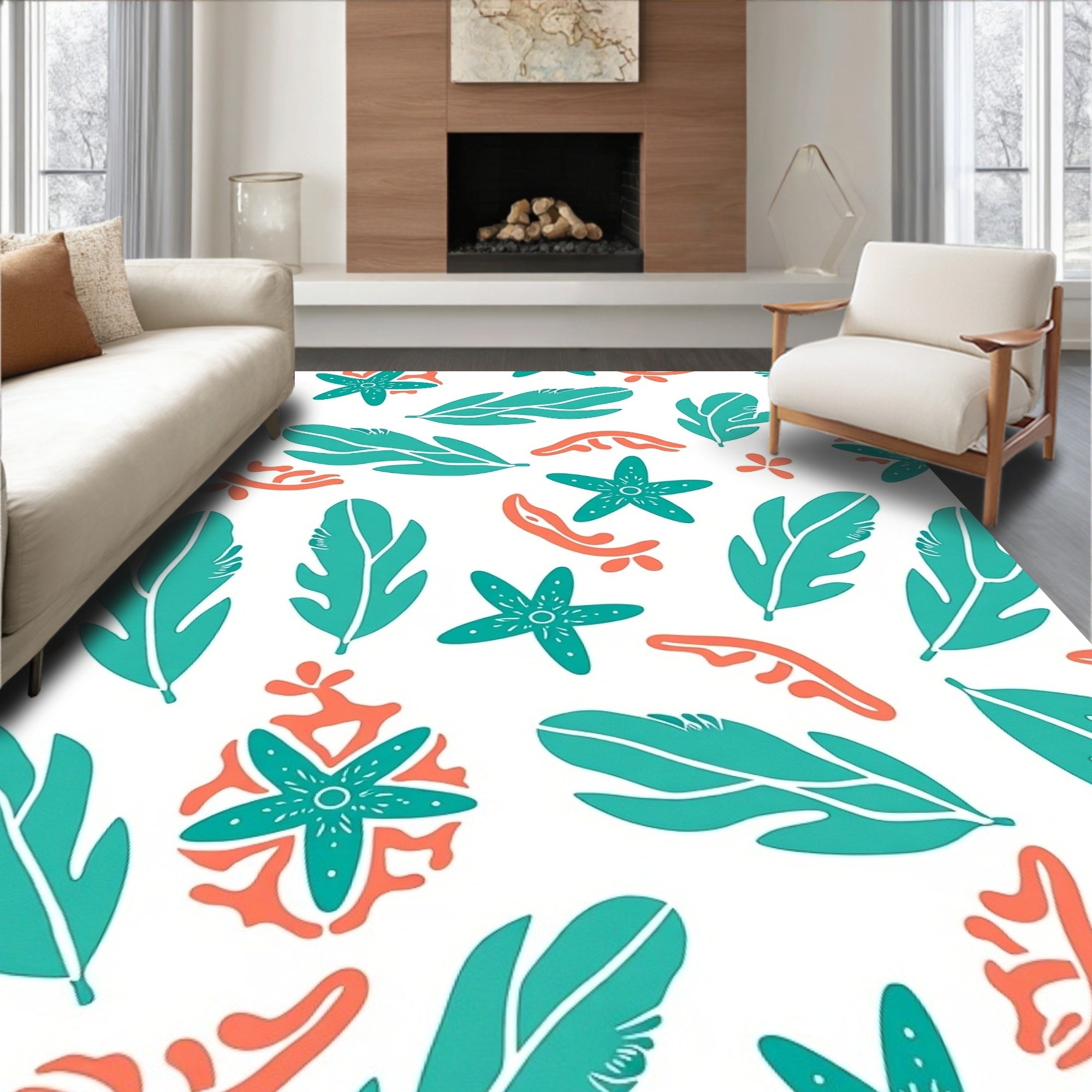 Teal Coral Starfish Leaf Collage Rug