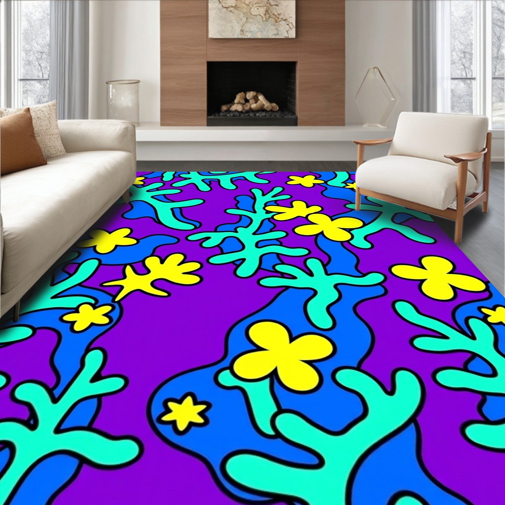 Purple Teal Yellow Floral Abstract Rug