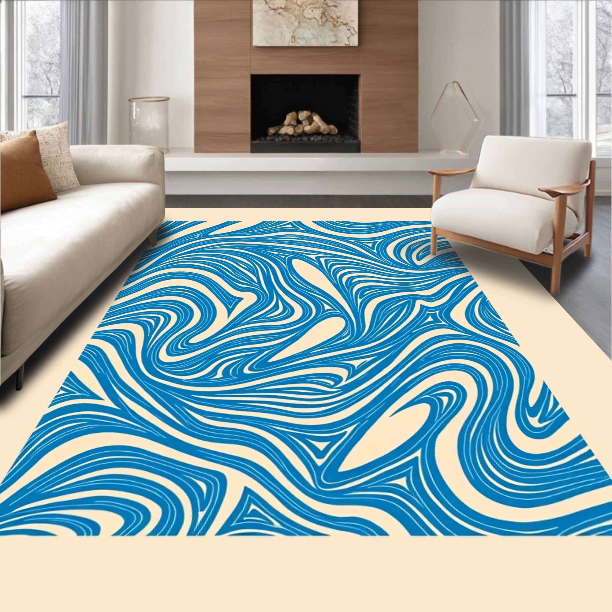 Blue Cream Swirl Abstract Rug