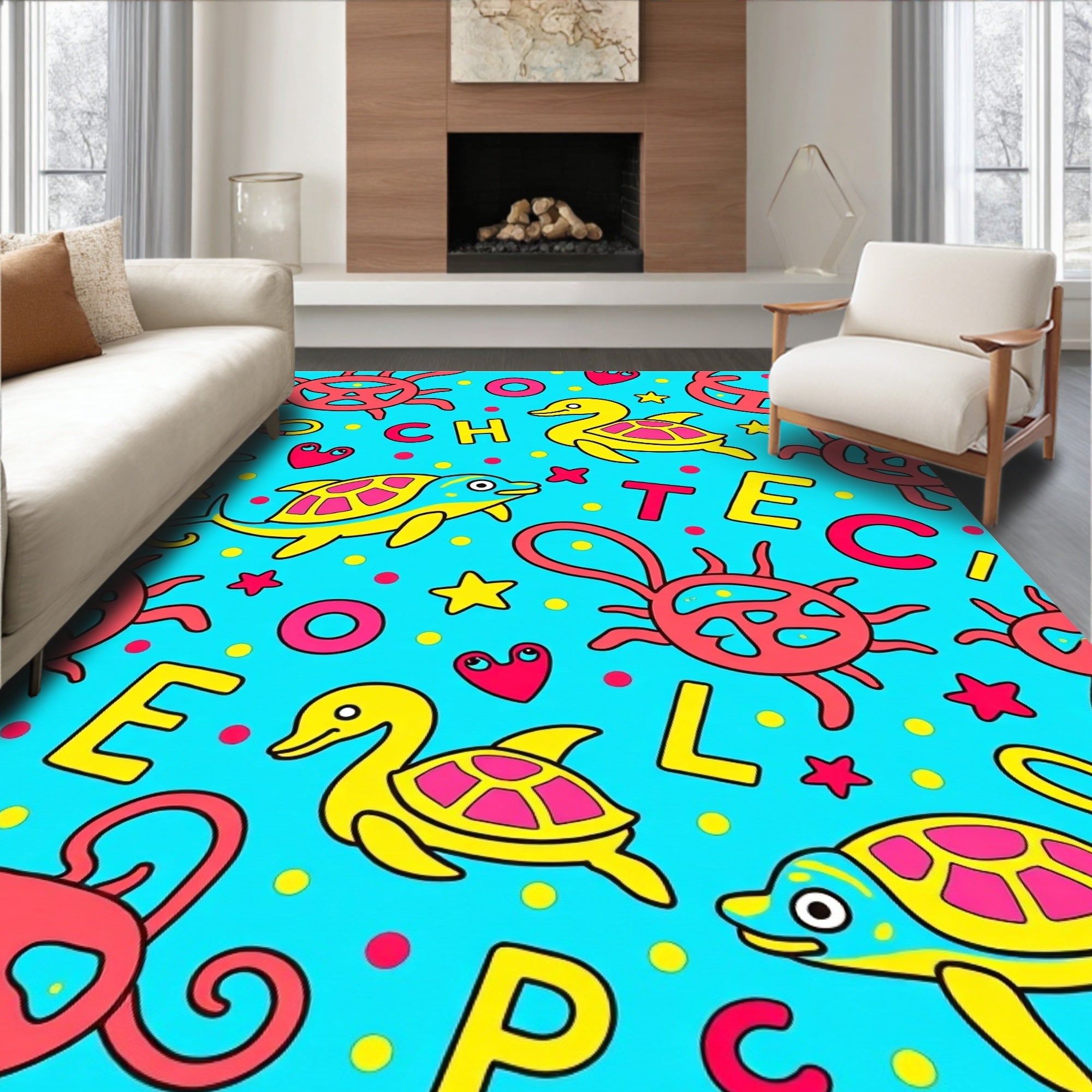Whimsical Aquatic Animals Letters Playful Rug