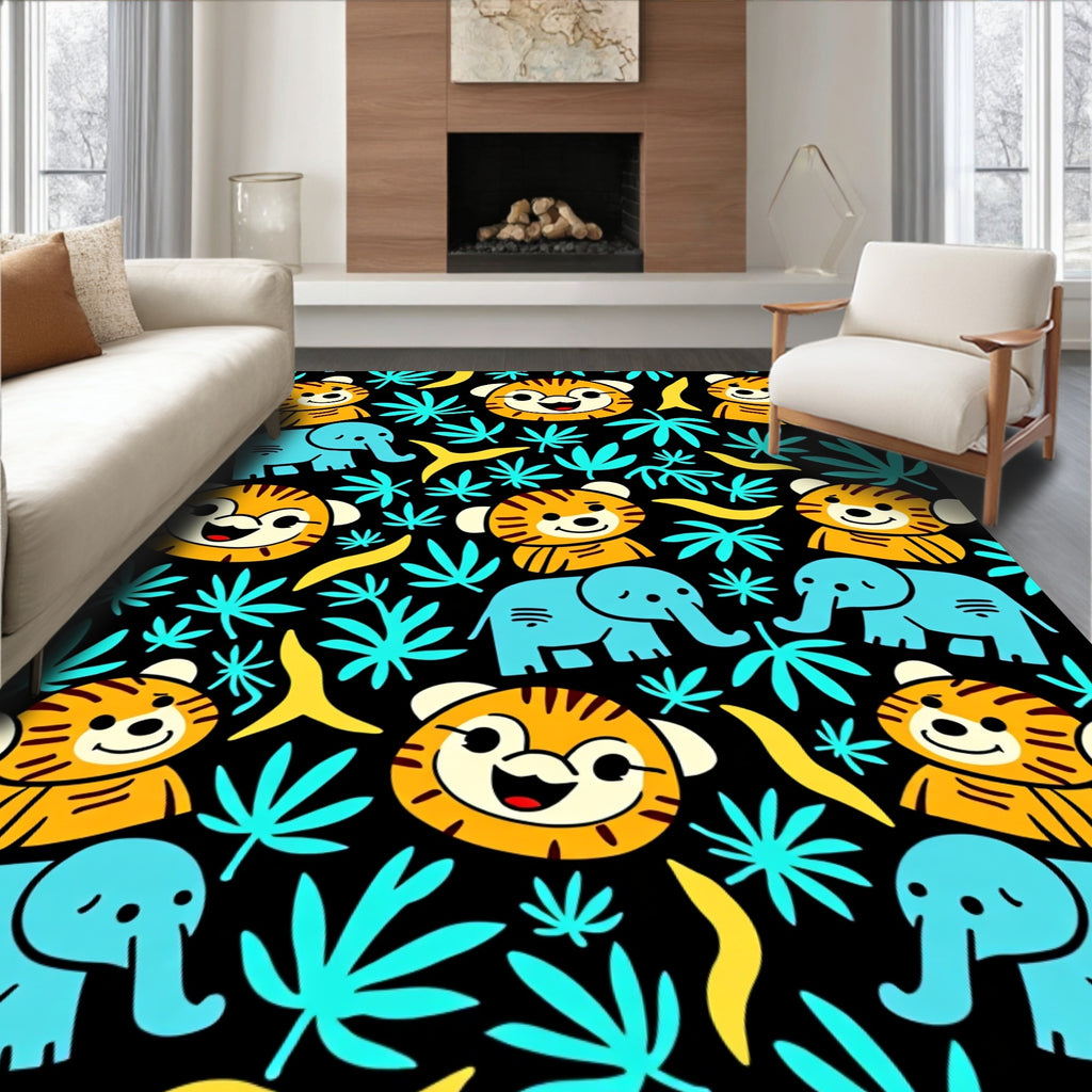 Cute Cartoon Tigers Elephants Jungle Leaves Rug