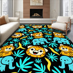 Cute Cartoon Tigers Elephants Jungle Leaves Rug