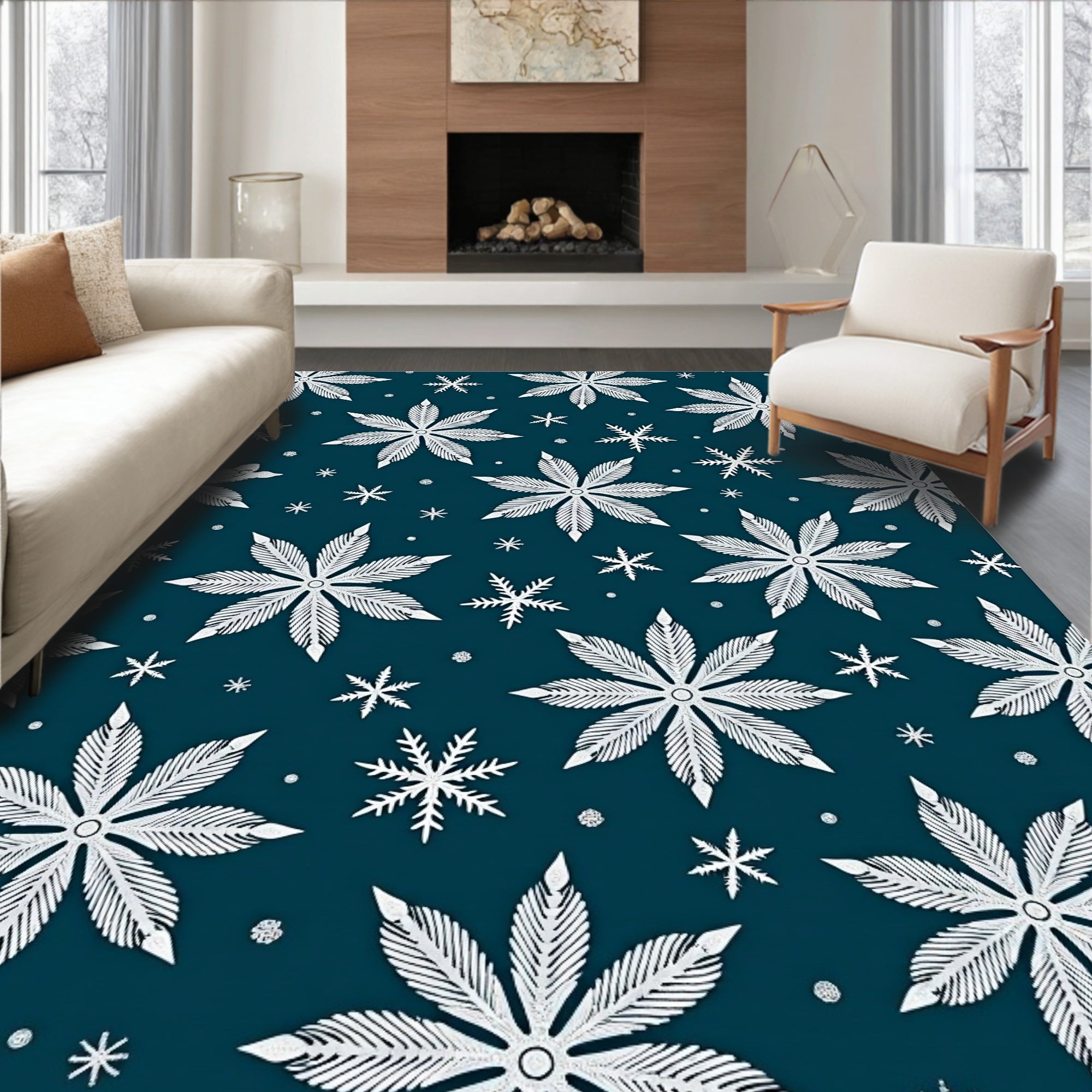 White Snowflake Winter Night Rug
