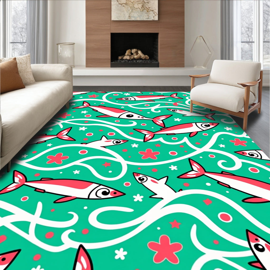Playful Fish and Floral Teal Swirls Rug