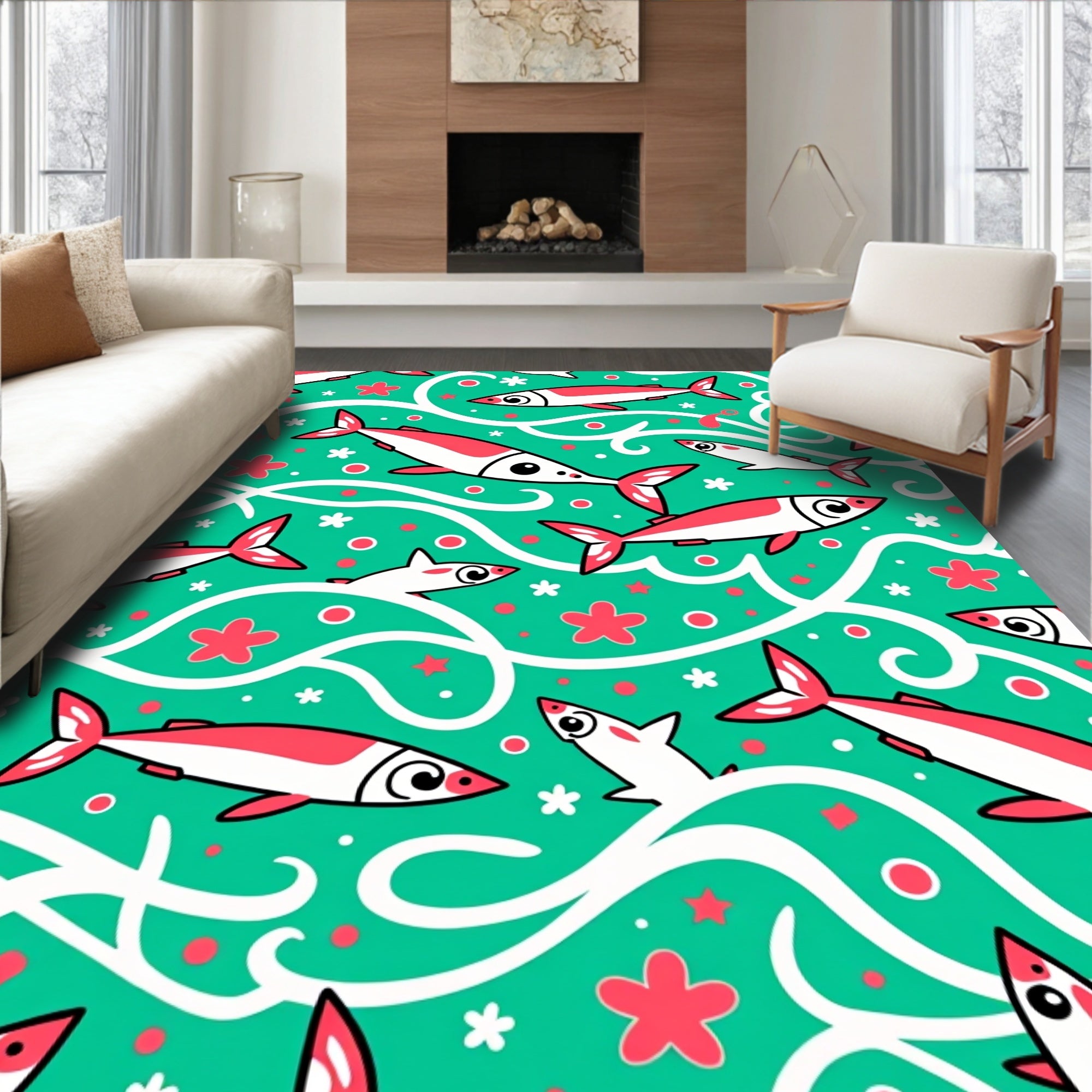 Playful Fish and Floral Teal Swirls Rug