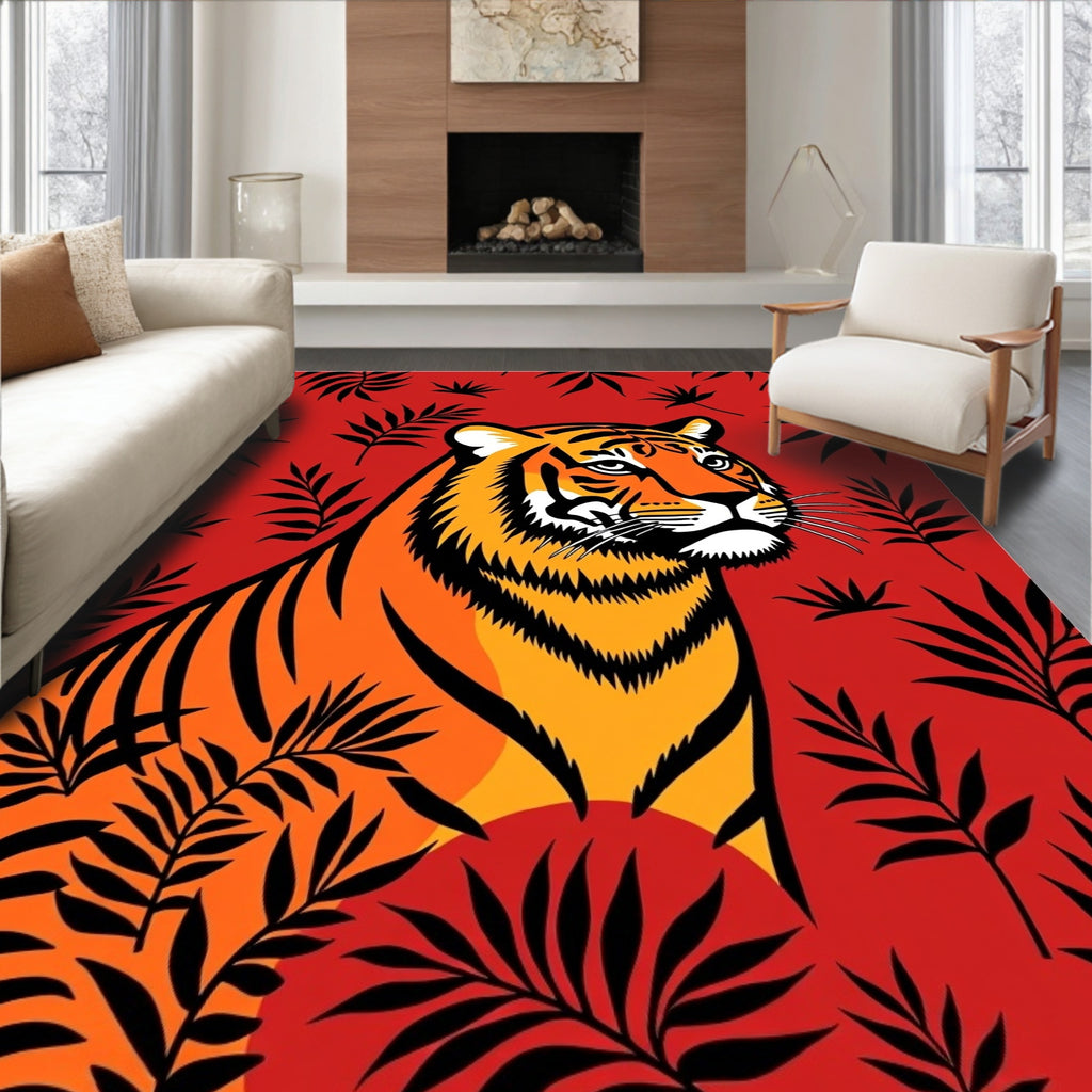 Bold Tiger Among Tropical Leaves Rug