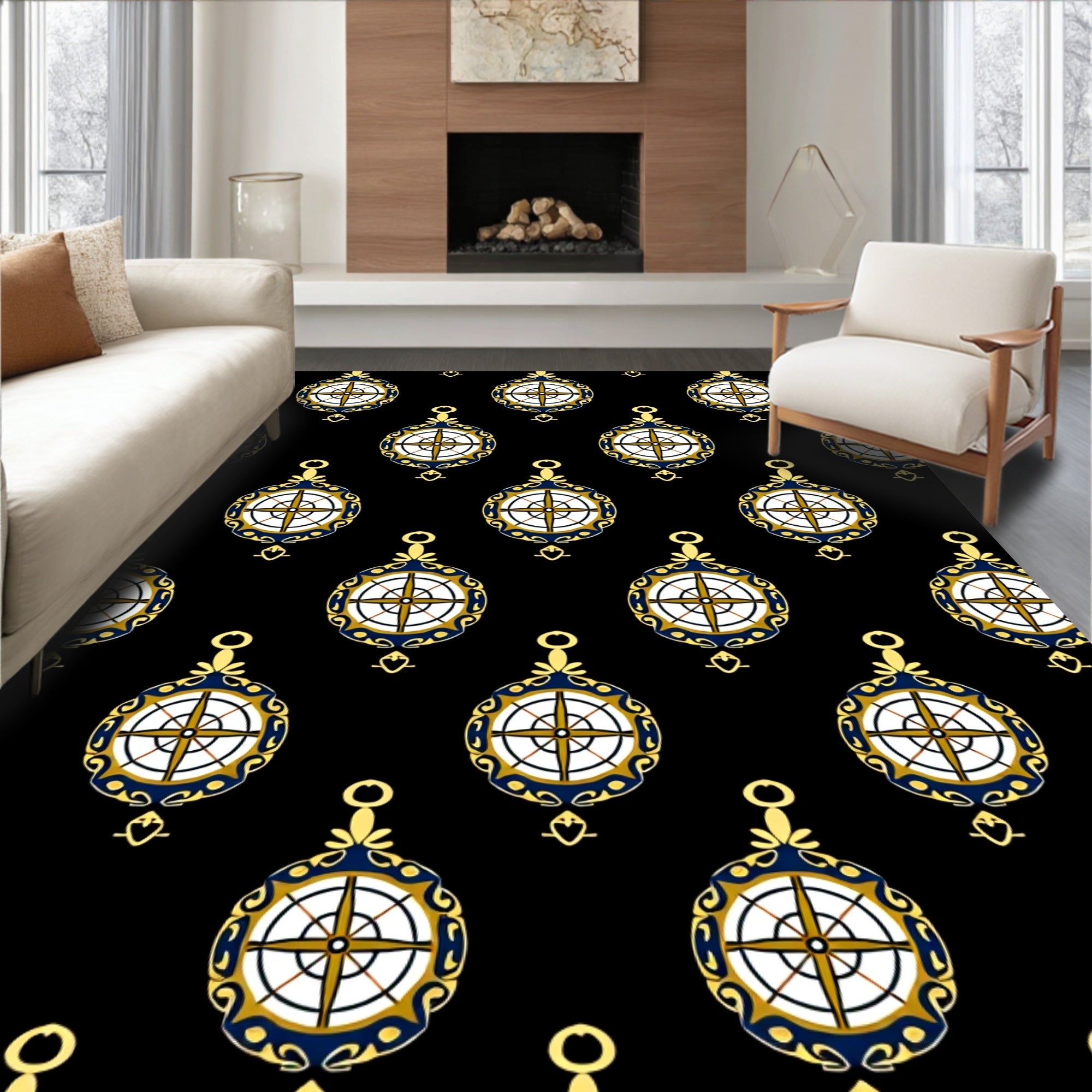 Navigational Compass Black Ornament Rug