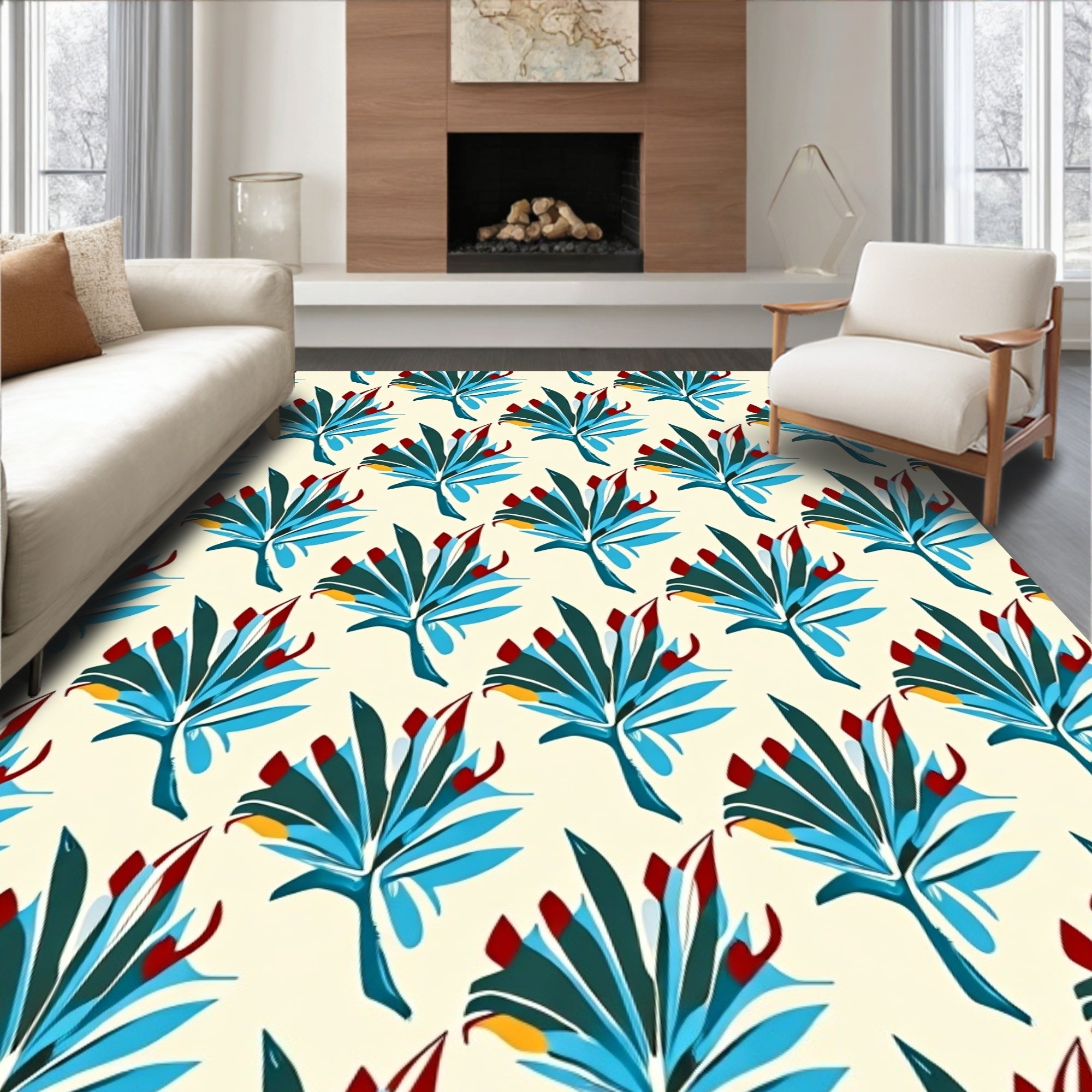 Vibrant Teal Leafy Botanical Arrangement Rug
