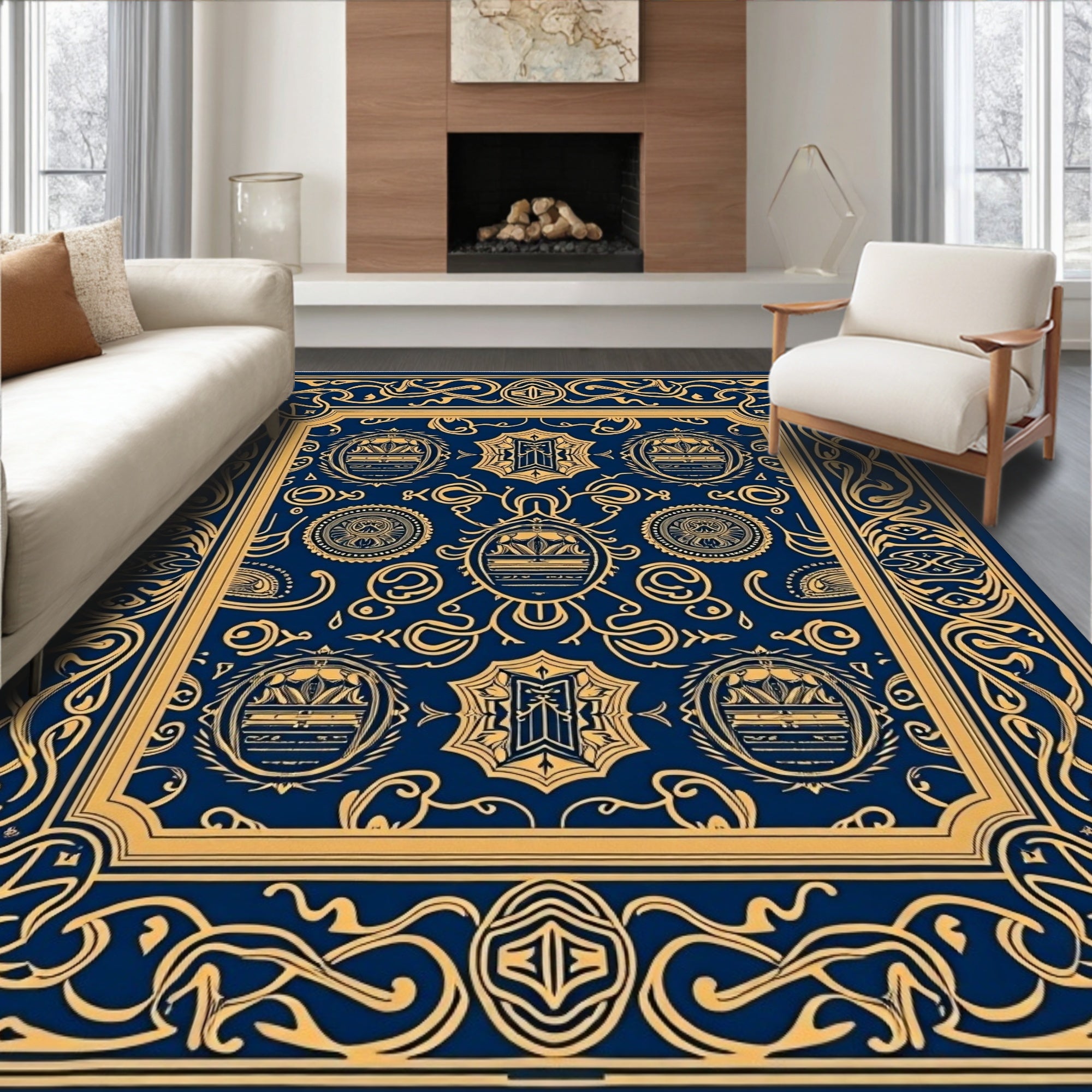 Navy Golden Regal Crest Medallion Rug