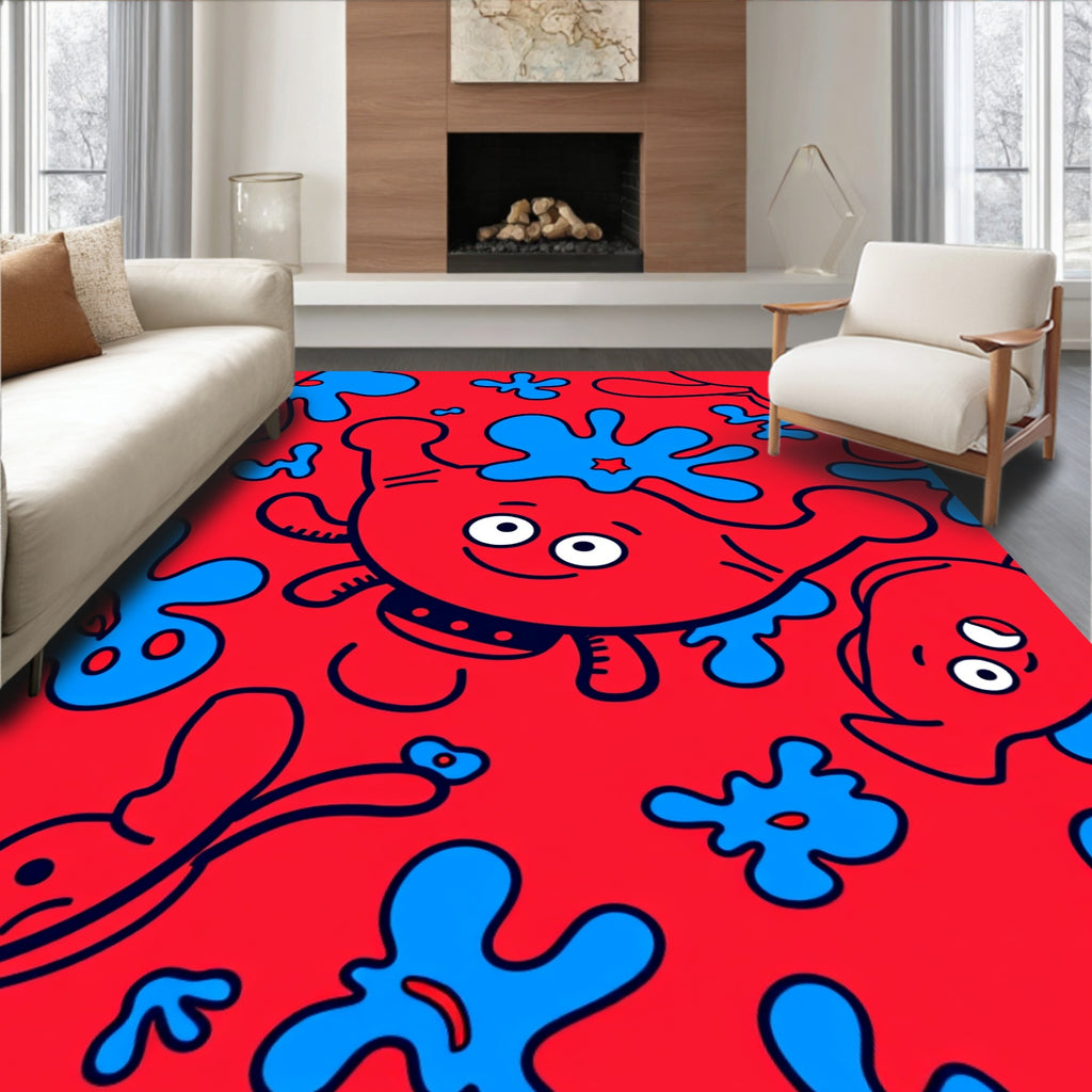 Red Blue Cartoonish Creature Splash Rug