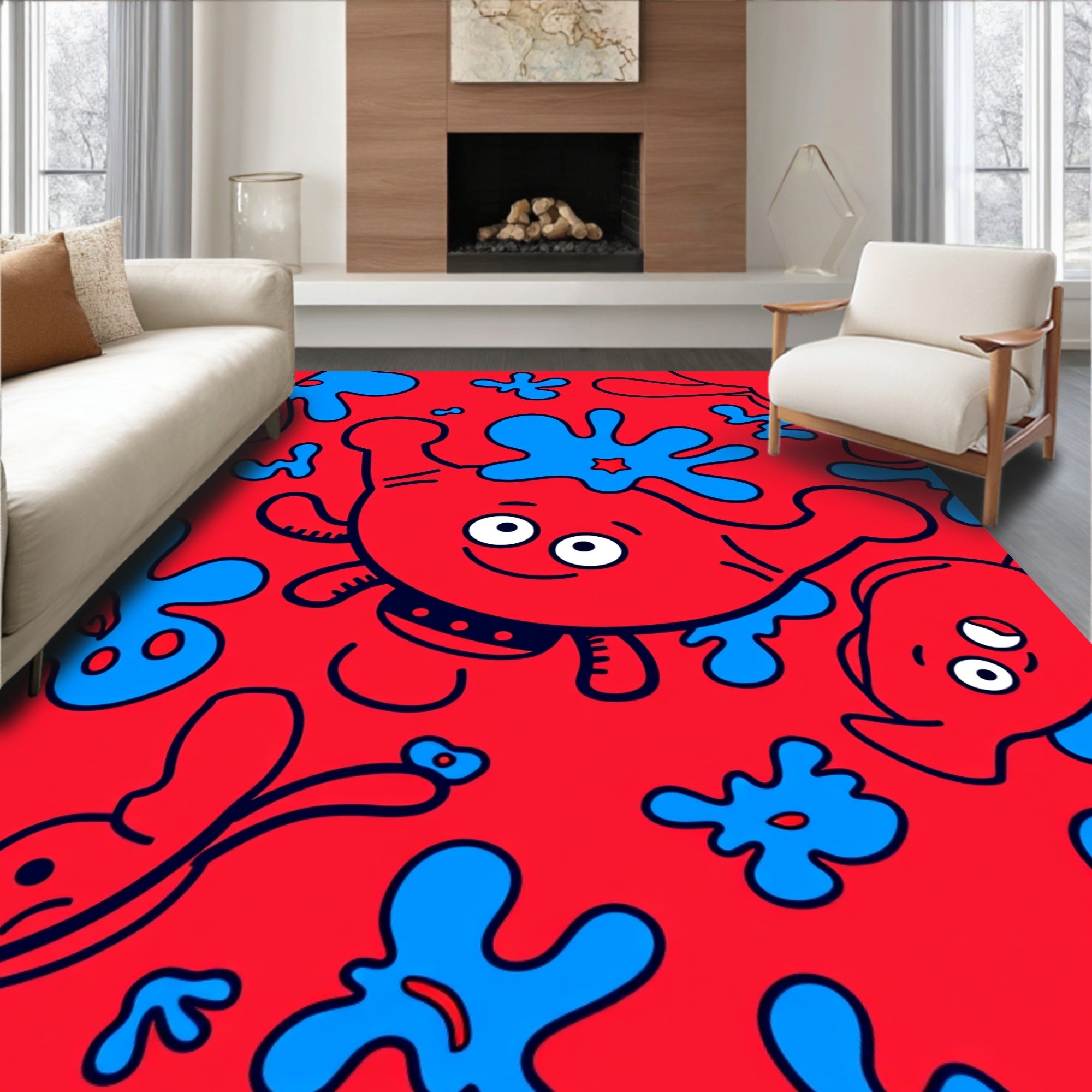 Red Blue Cartoonish Creature Splash Rug