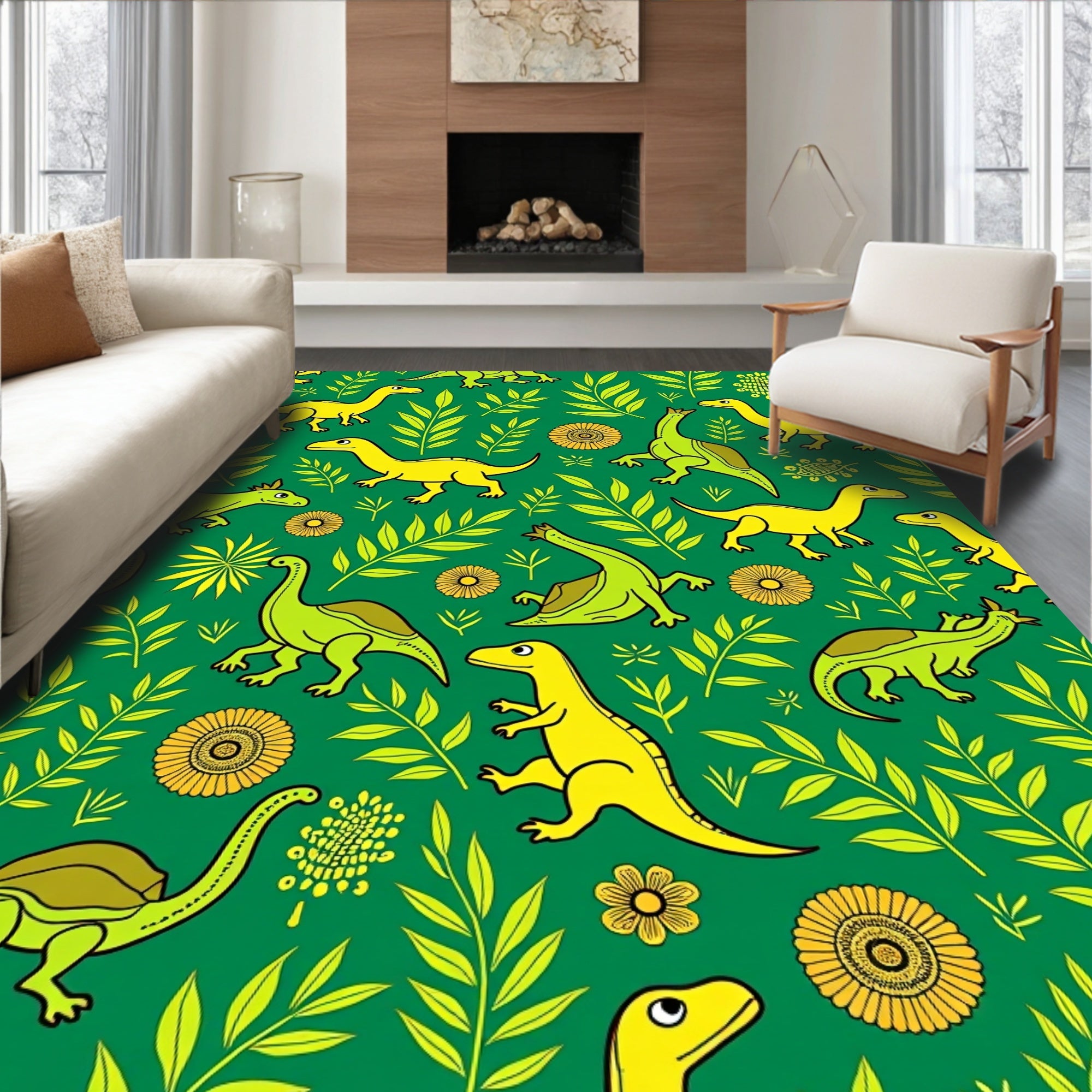 Bright Yellow Green Dinosaur Jungle Rug