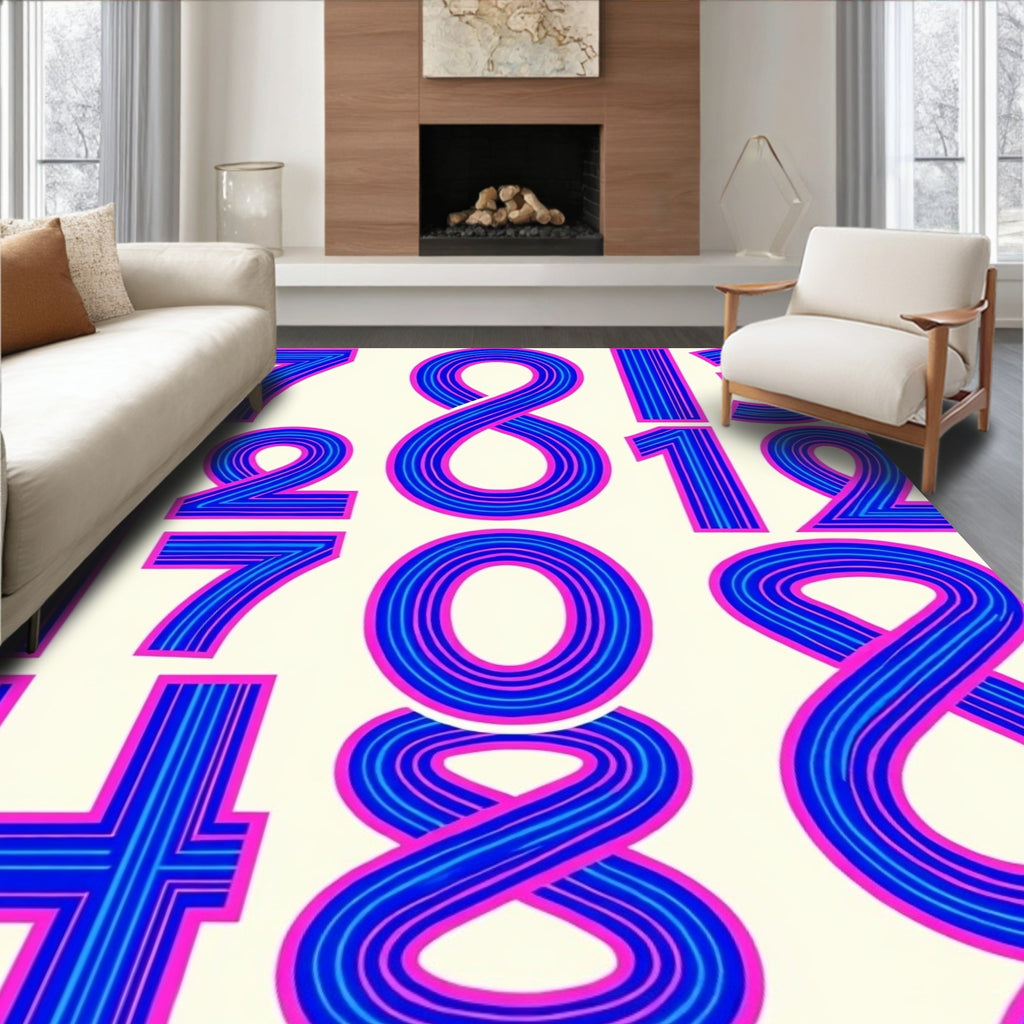 Retro Blue Pink Number Collage Rug