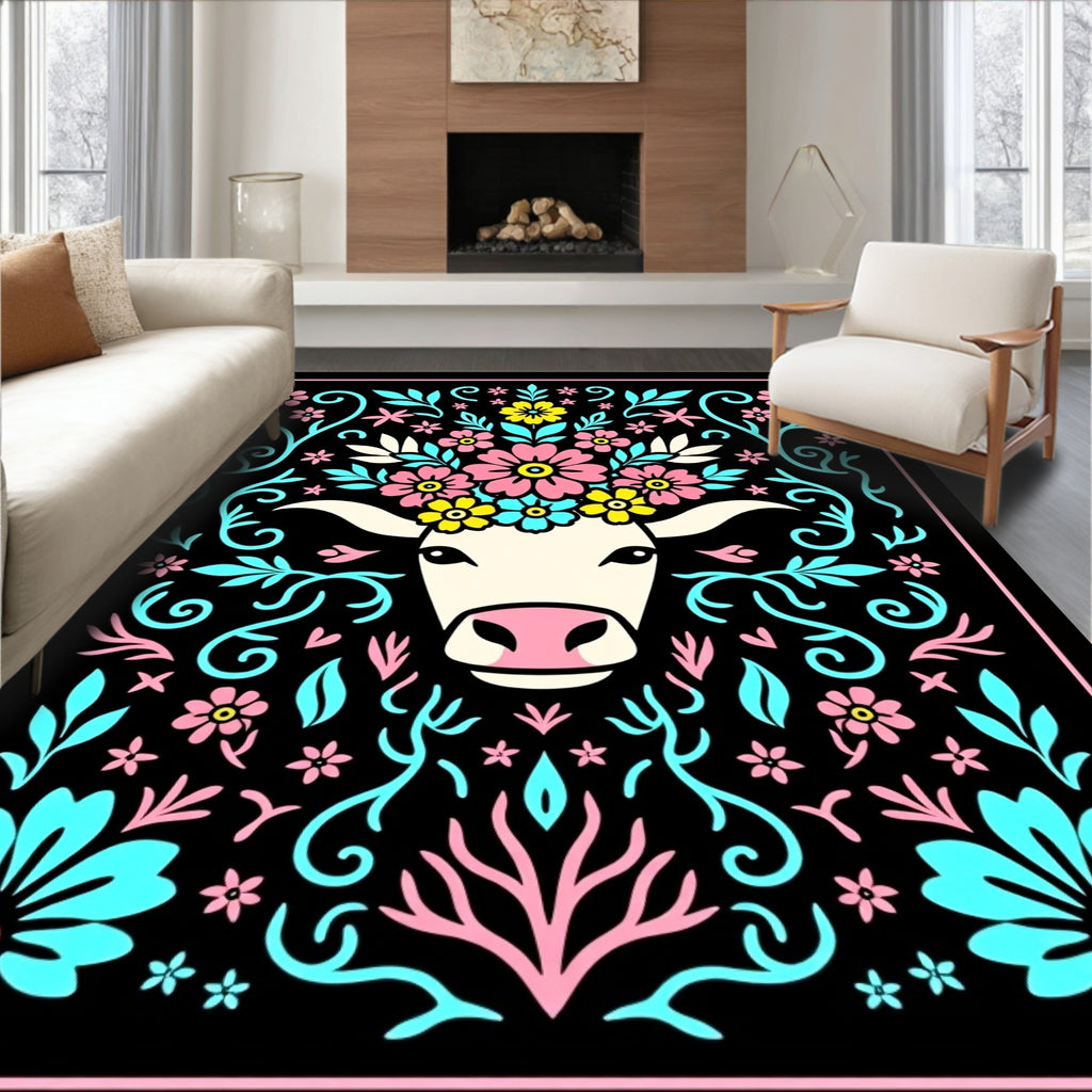 Whimsical Cow Floral Crown Black Rug