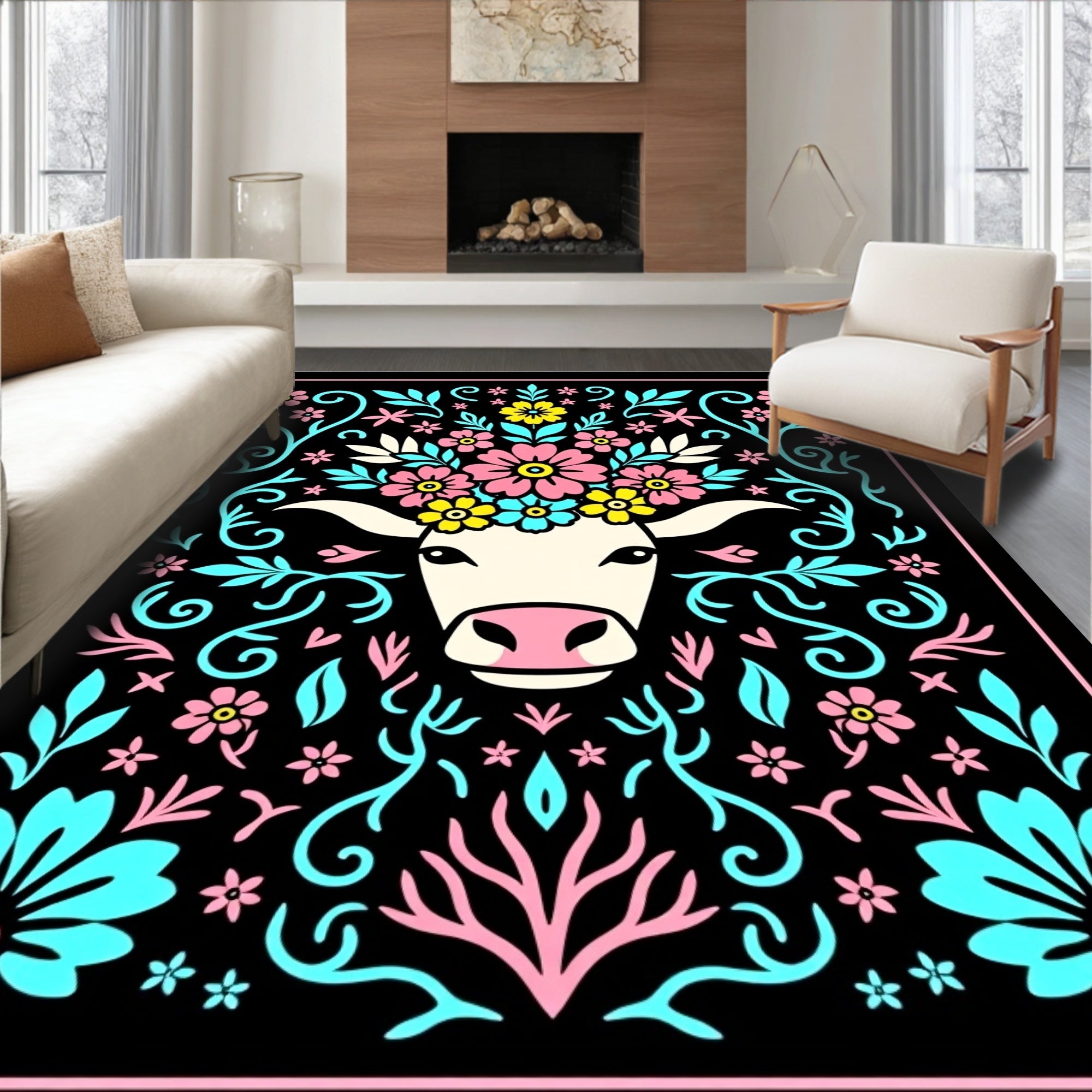 Whimsical Cow Floral Crown Black Rug