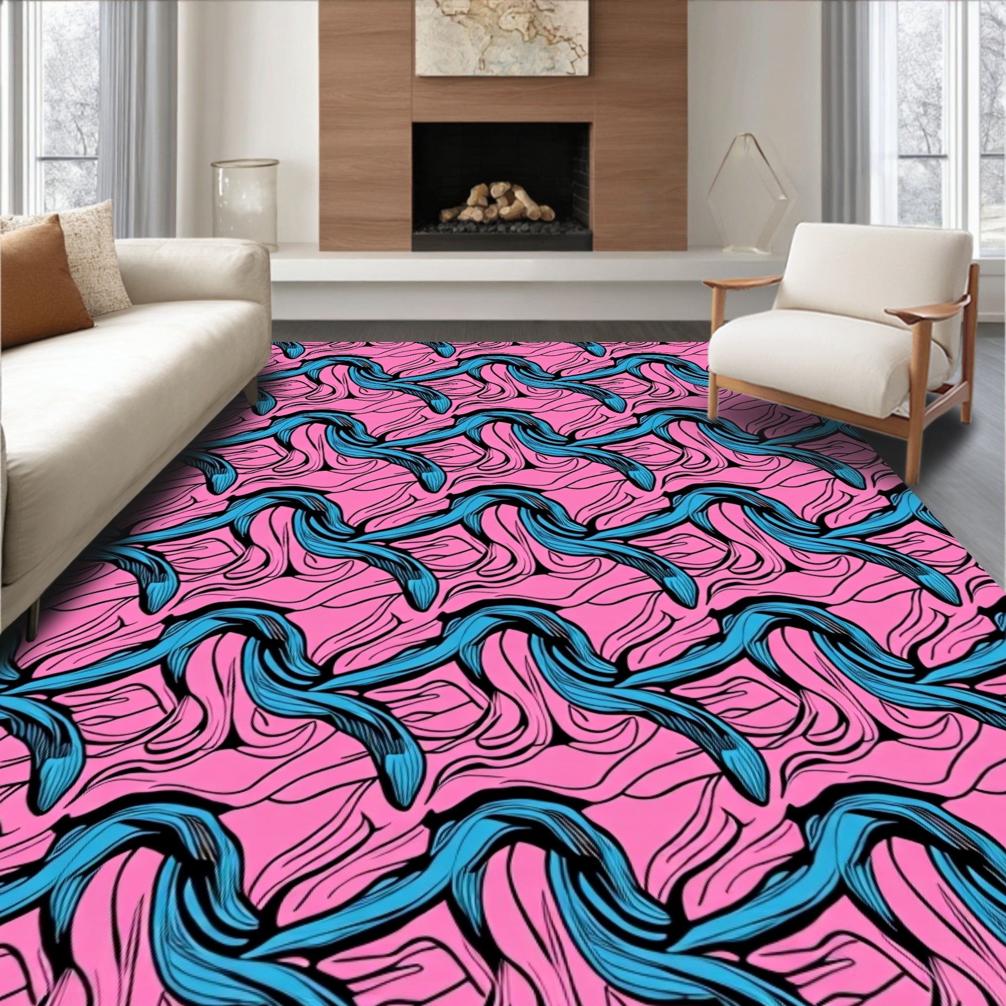 Bold Teal Flowing Wave PinkRug Rug