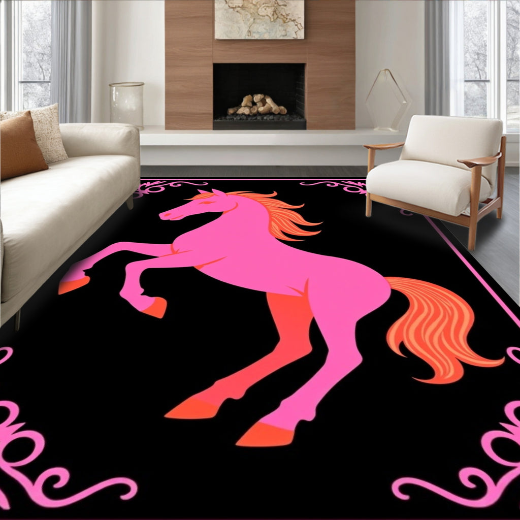 Pink Rearing Horse Black Border Rug
