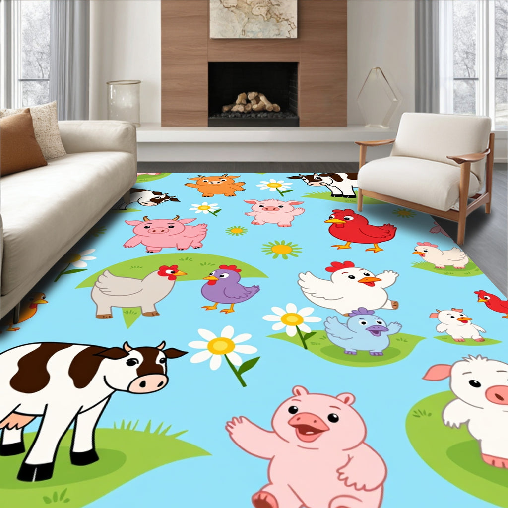 Farm Animals With Flowers On Blue Rug