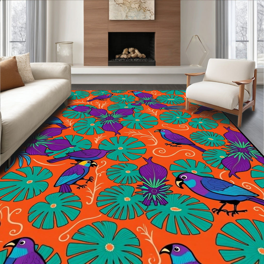 Vibrant Tropical Birds and Leaves Rug