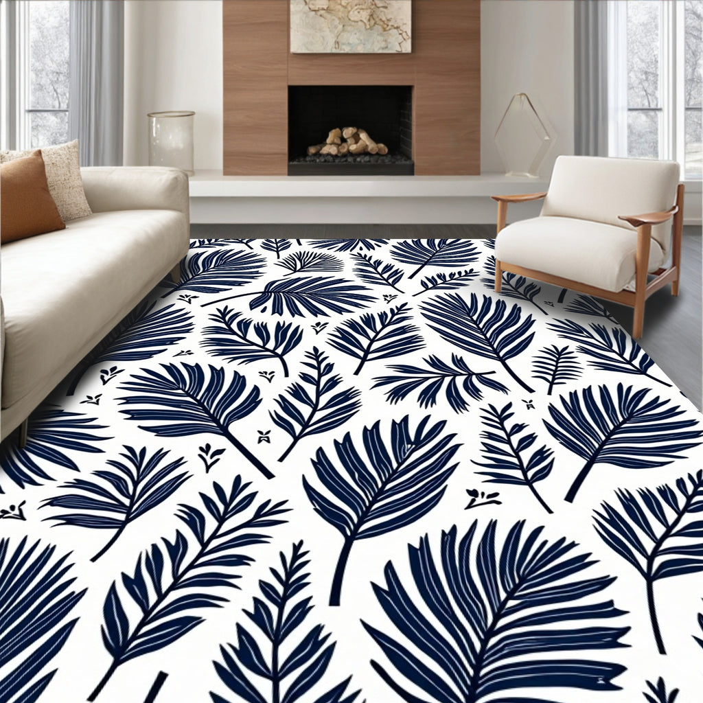 Navy Blue Tropical Palm Frond Collage Rug
