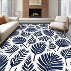 Navy Blue Tropical Palm Frond Collage Rug