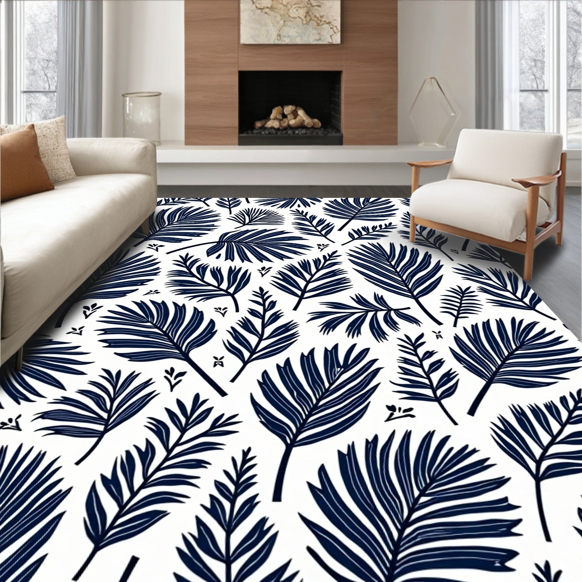 Navy Blue Tropical Palm Frond Collage Rug