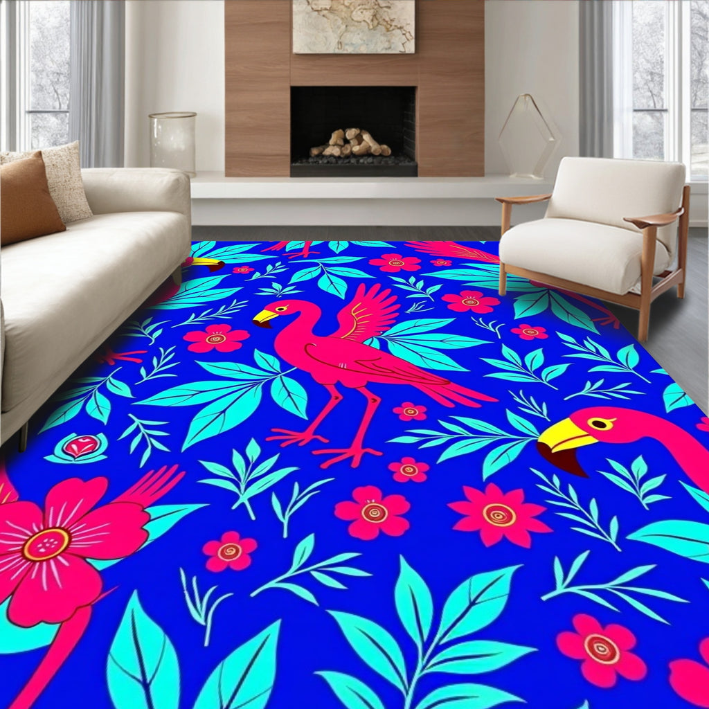 Fuchsia Flamingo Floral Tropical Blue Rug