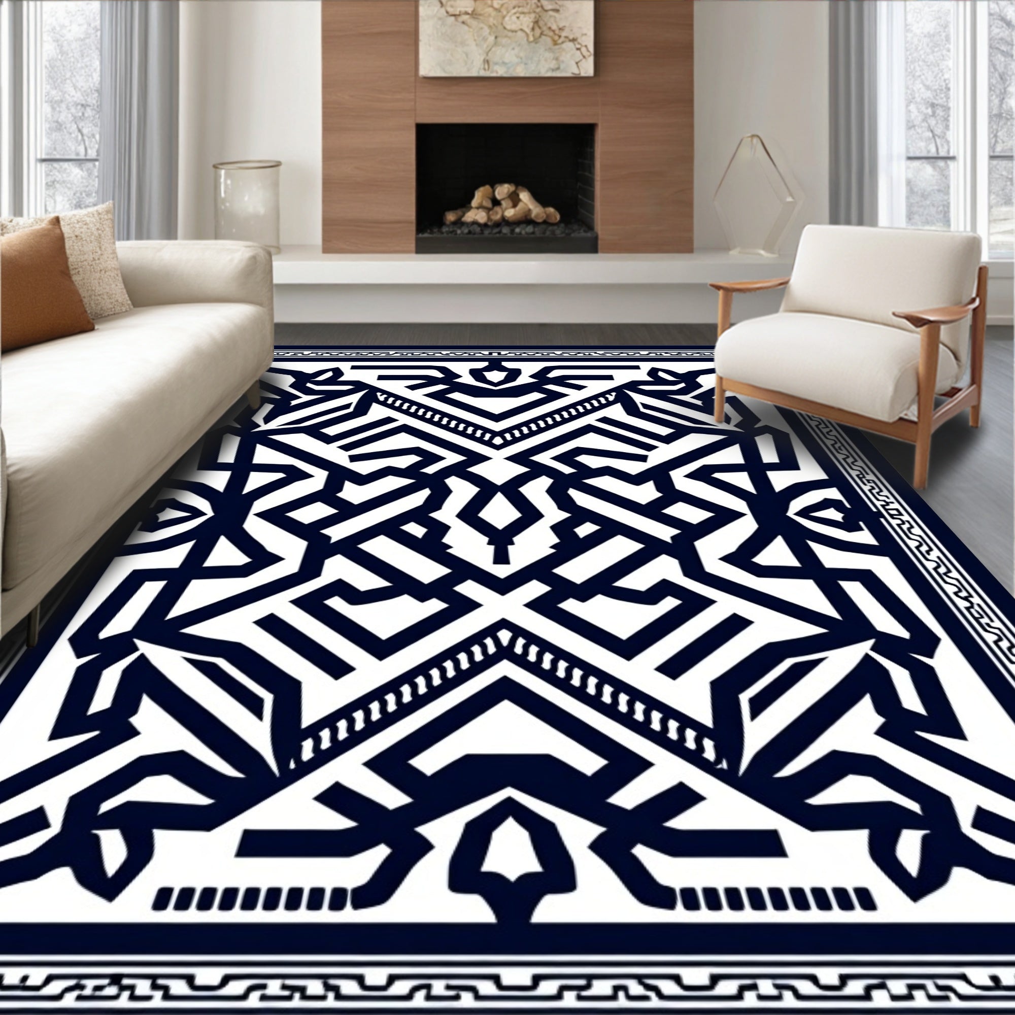 Dark Blue Geometric Maze Square Rug