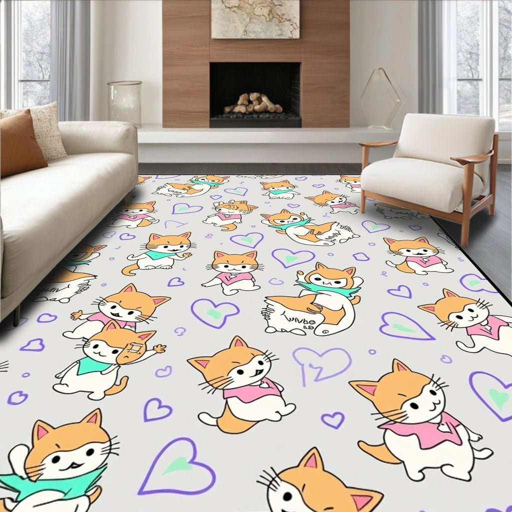 Whimsical Orange White Kitten Hearts Rug