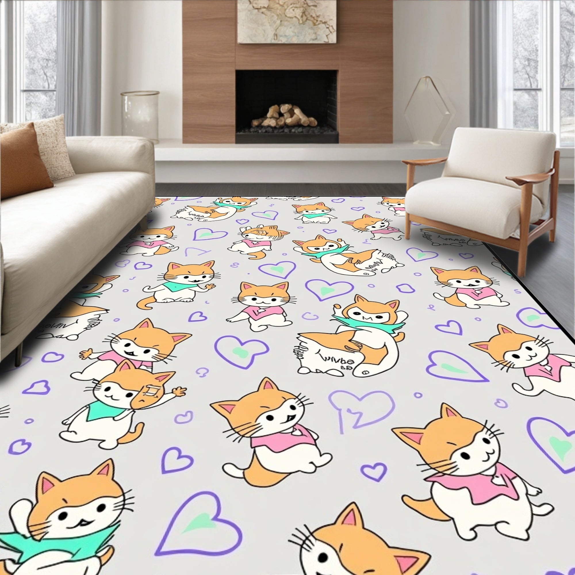 Whimsical Orange White Kitten Hearts Rug