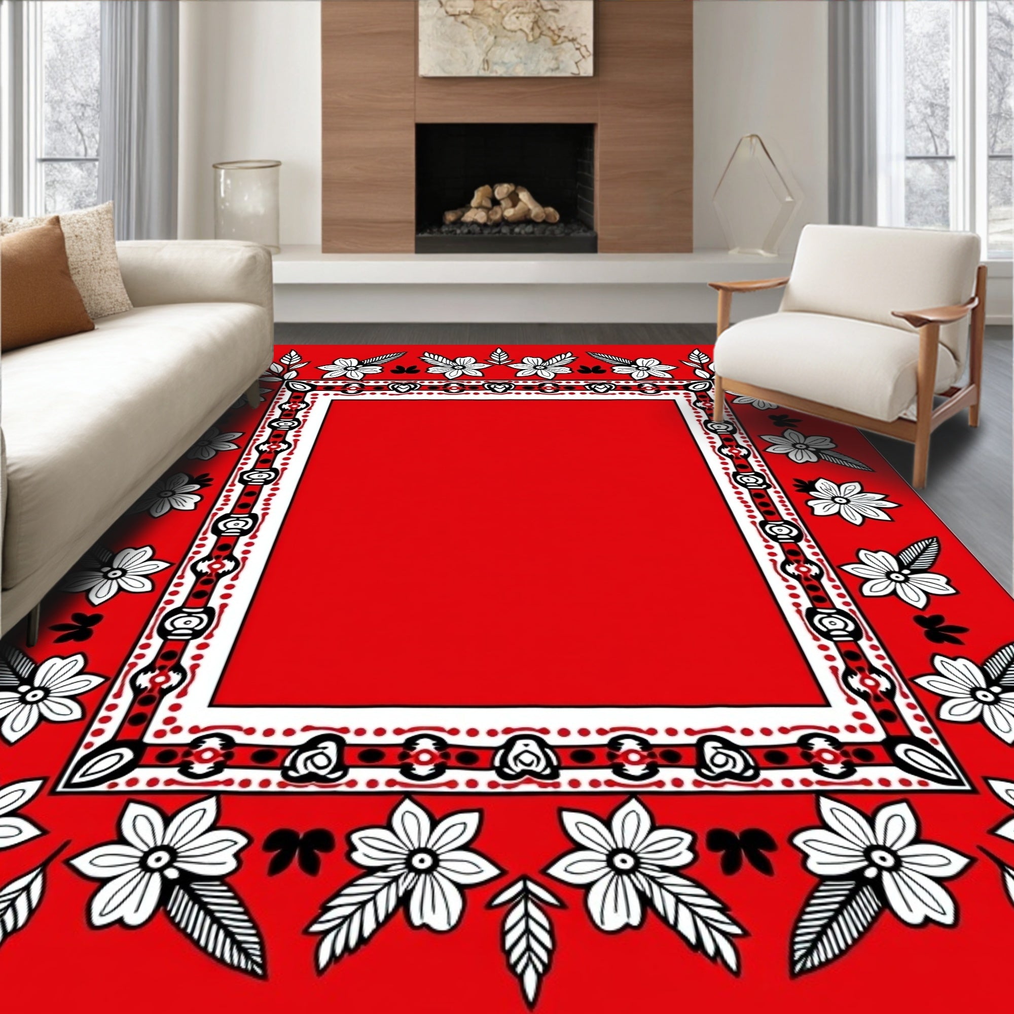 Charming Red Floral Border Rug