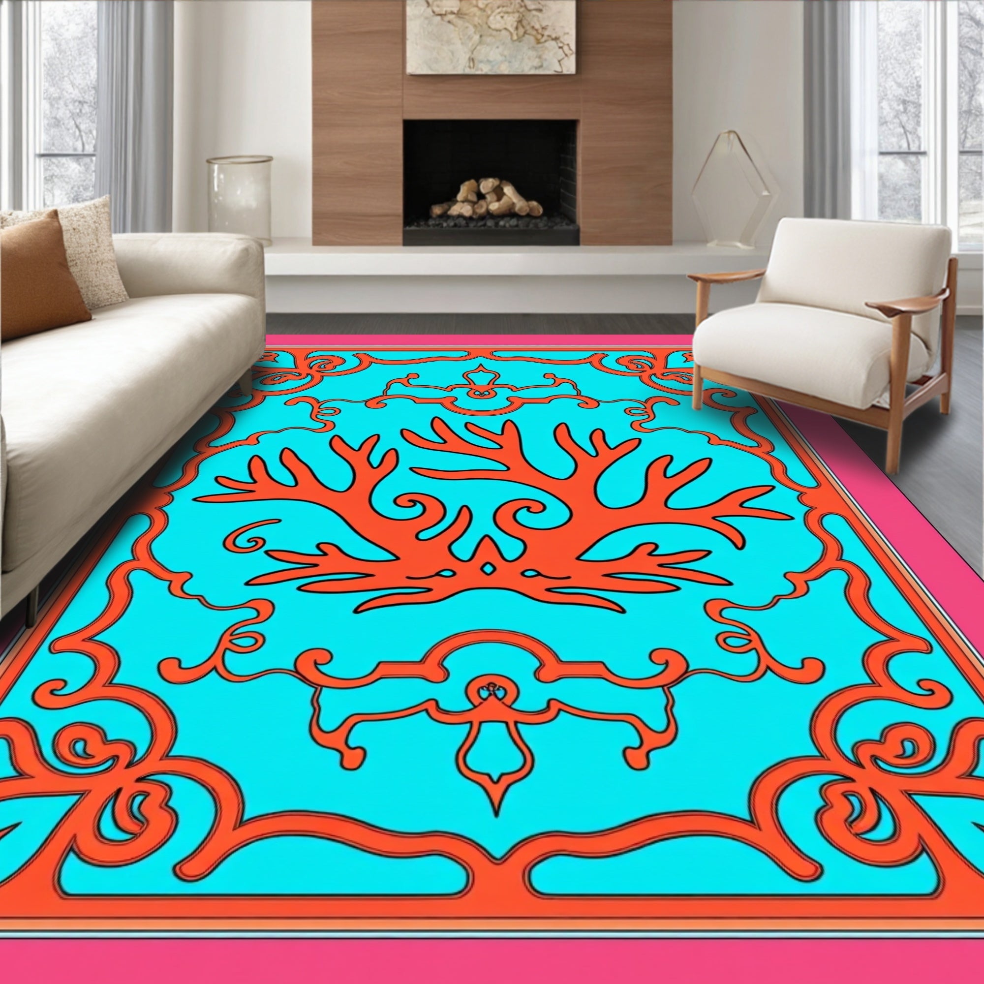 Coral Branch Aqua Decorative Frame Rug