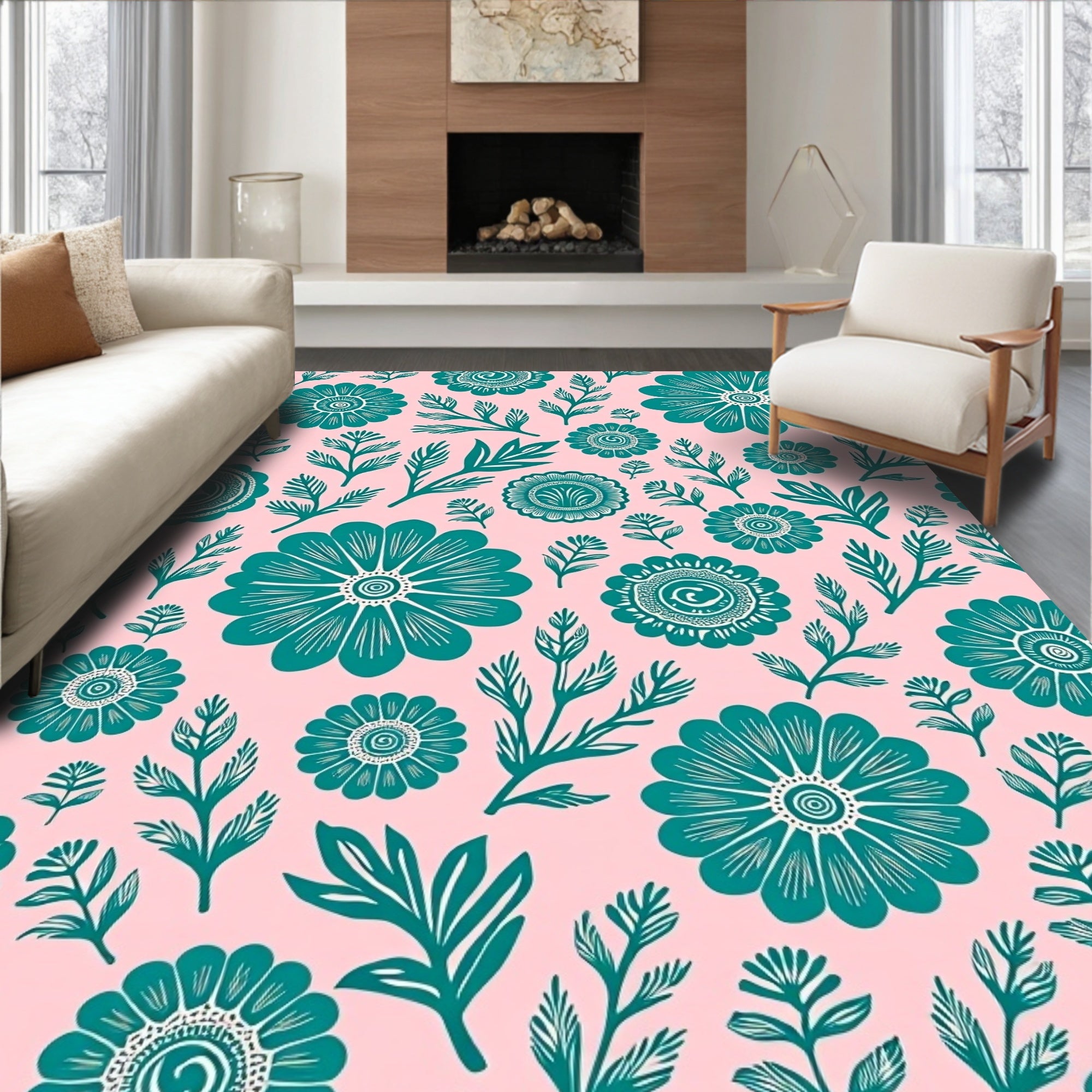 Teal Floral Garden on Pink Background Rug