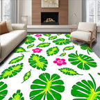 Vibrant Green Tropical Leaf Pink Blossom Rug