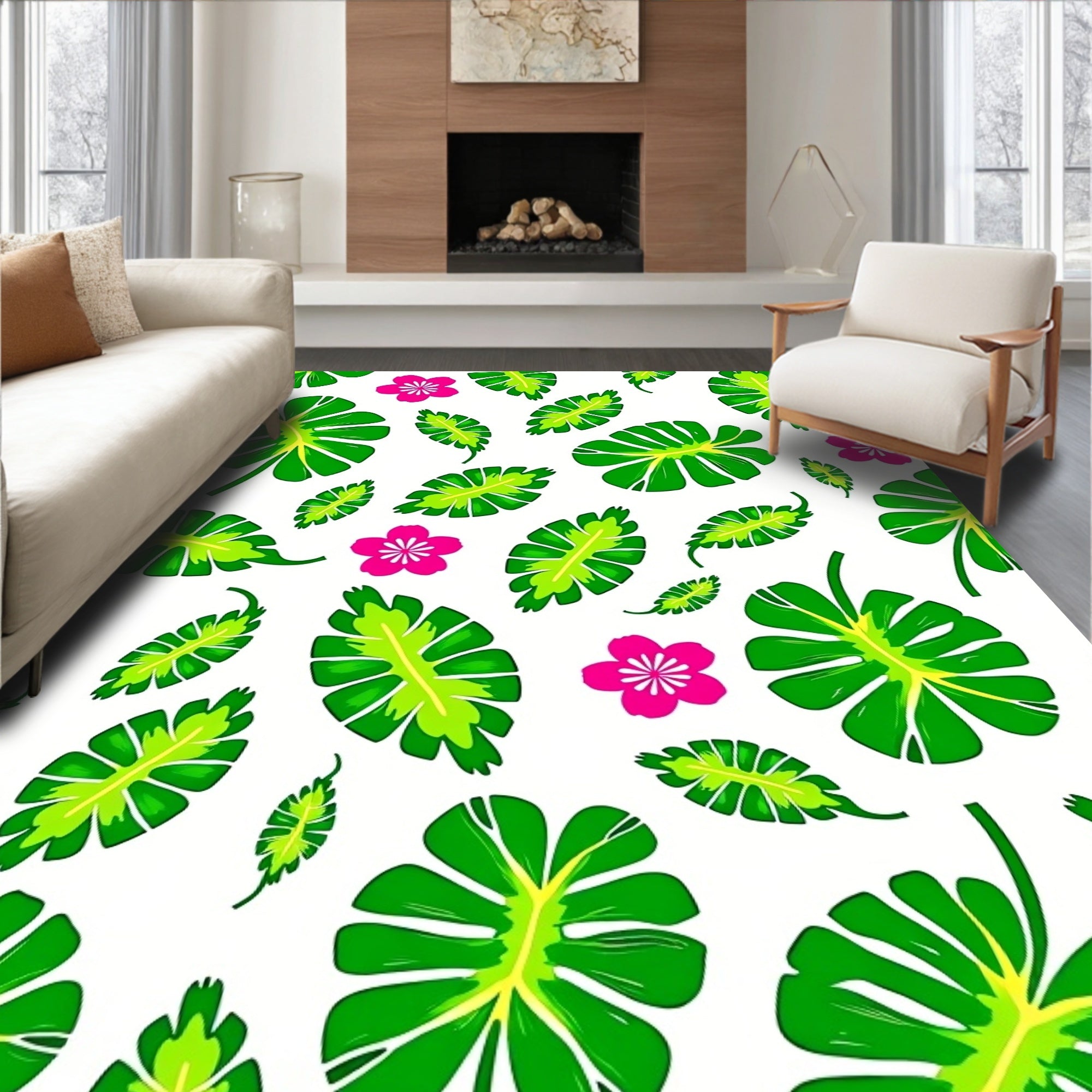 Vibrant Green Tropical Leaf Pink Blossom Rug
