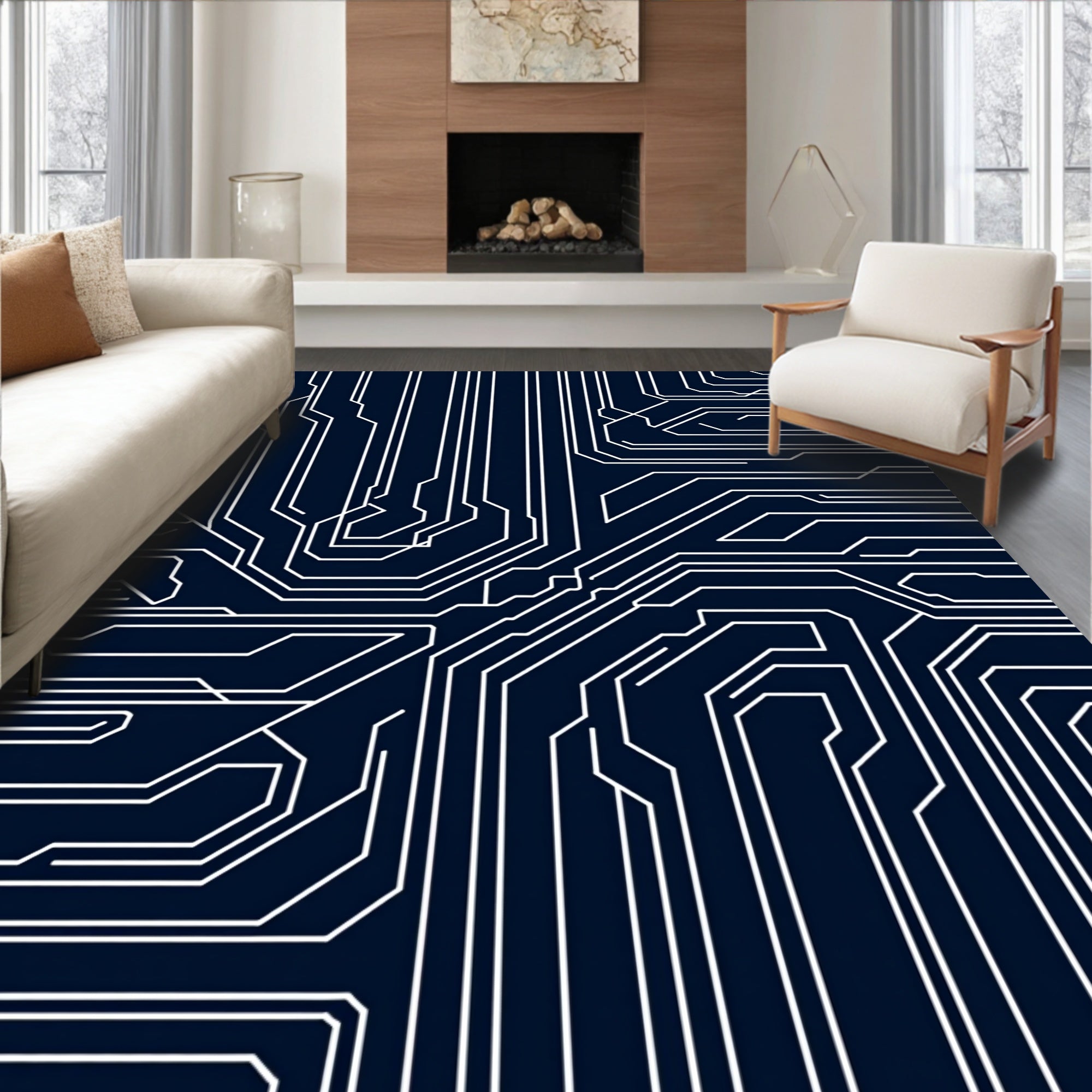Deep Blue Circuit Board Lines Rug