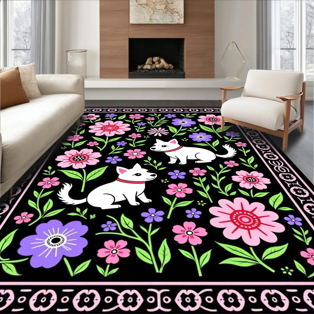 Floral Bordered Puppy Garden Black Rug