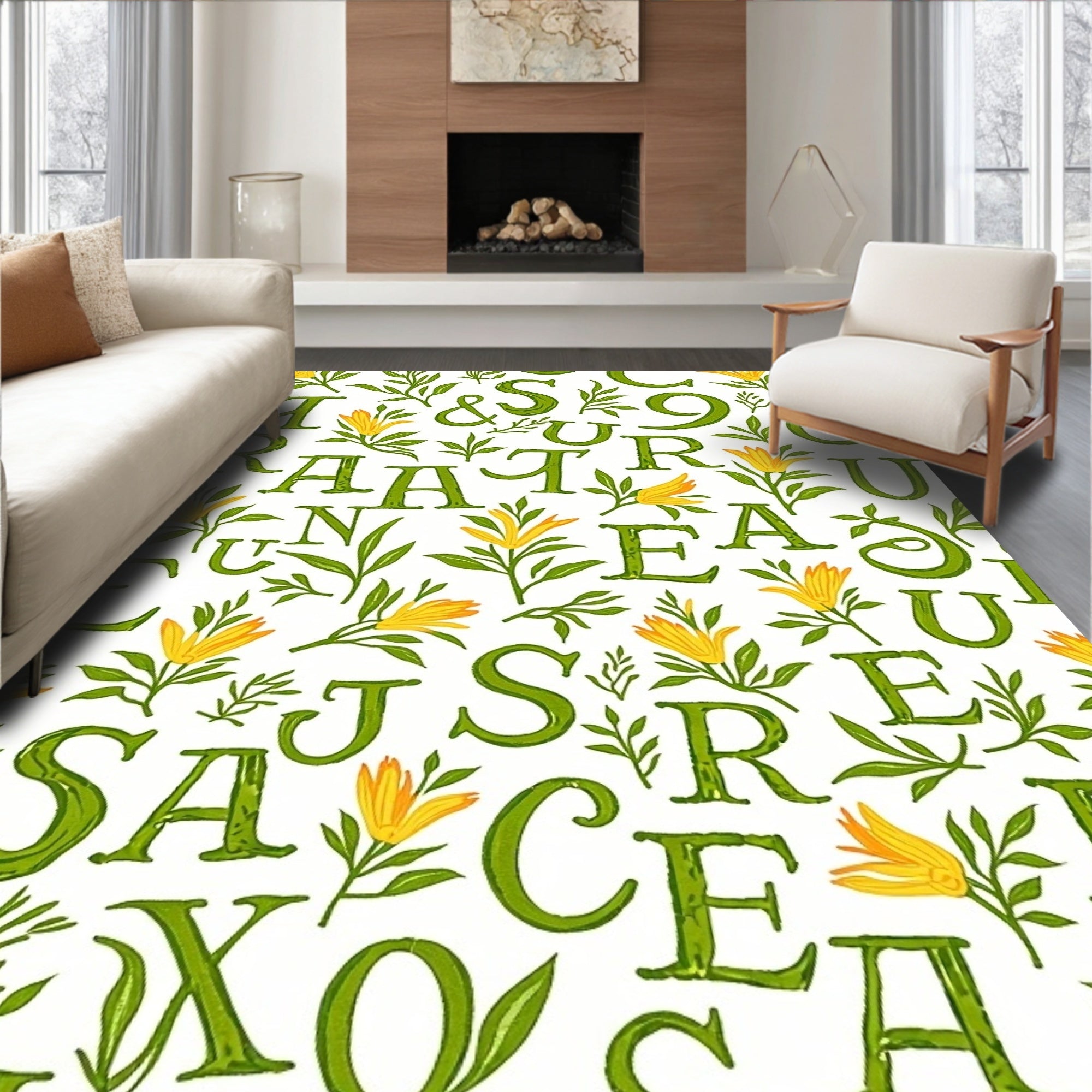 Green Alphabet Yellow Blossom Floral Rug