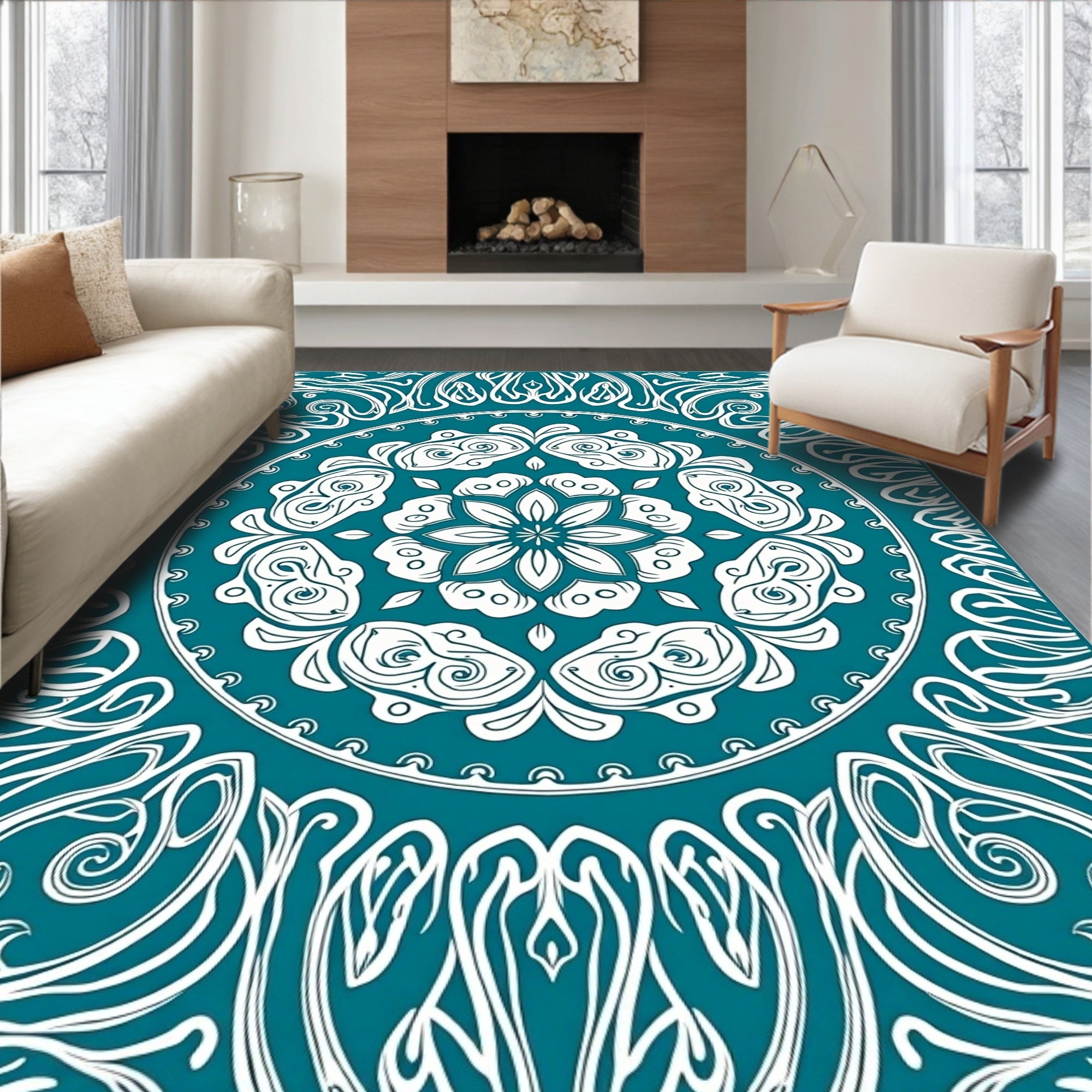 Teal White Organic Mandala Swirl Rug