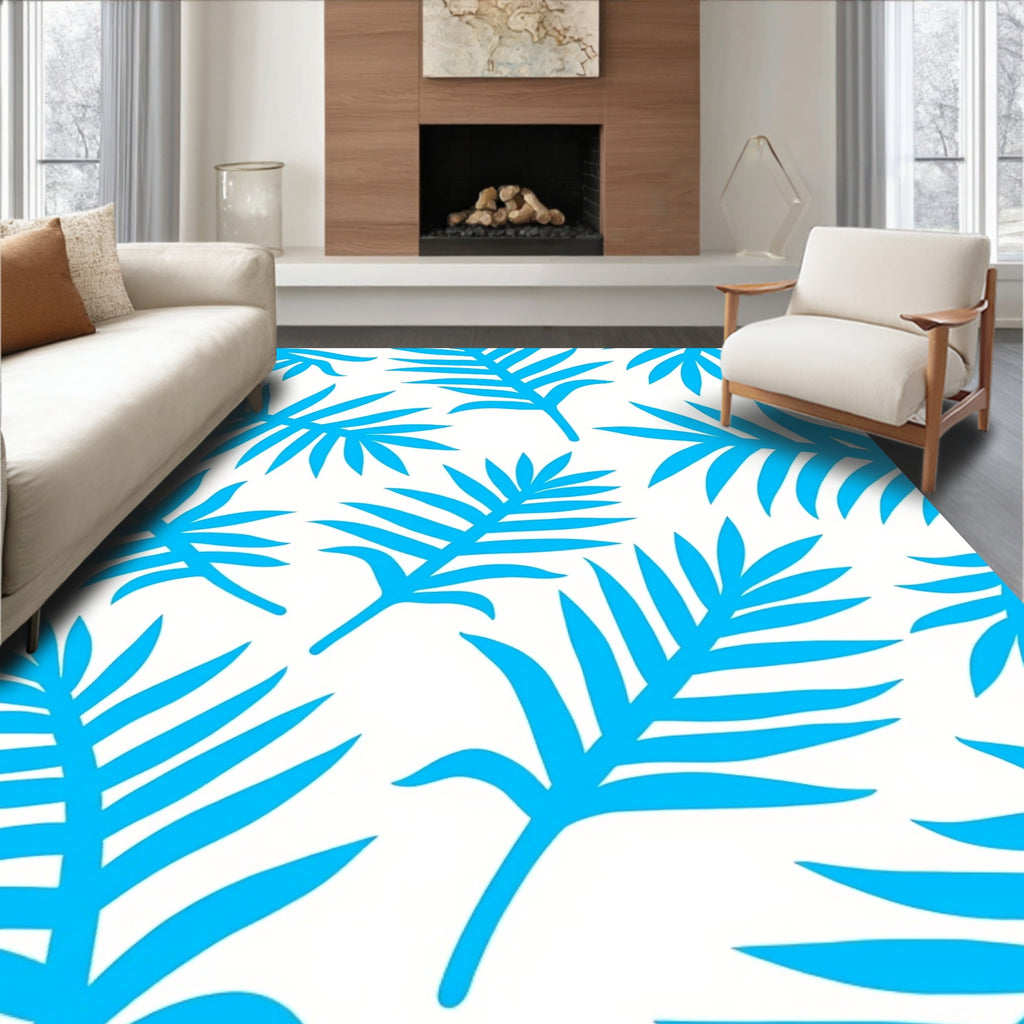 Bright Blue Tropical Leaf Pattern Rug