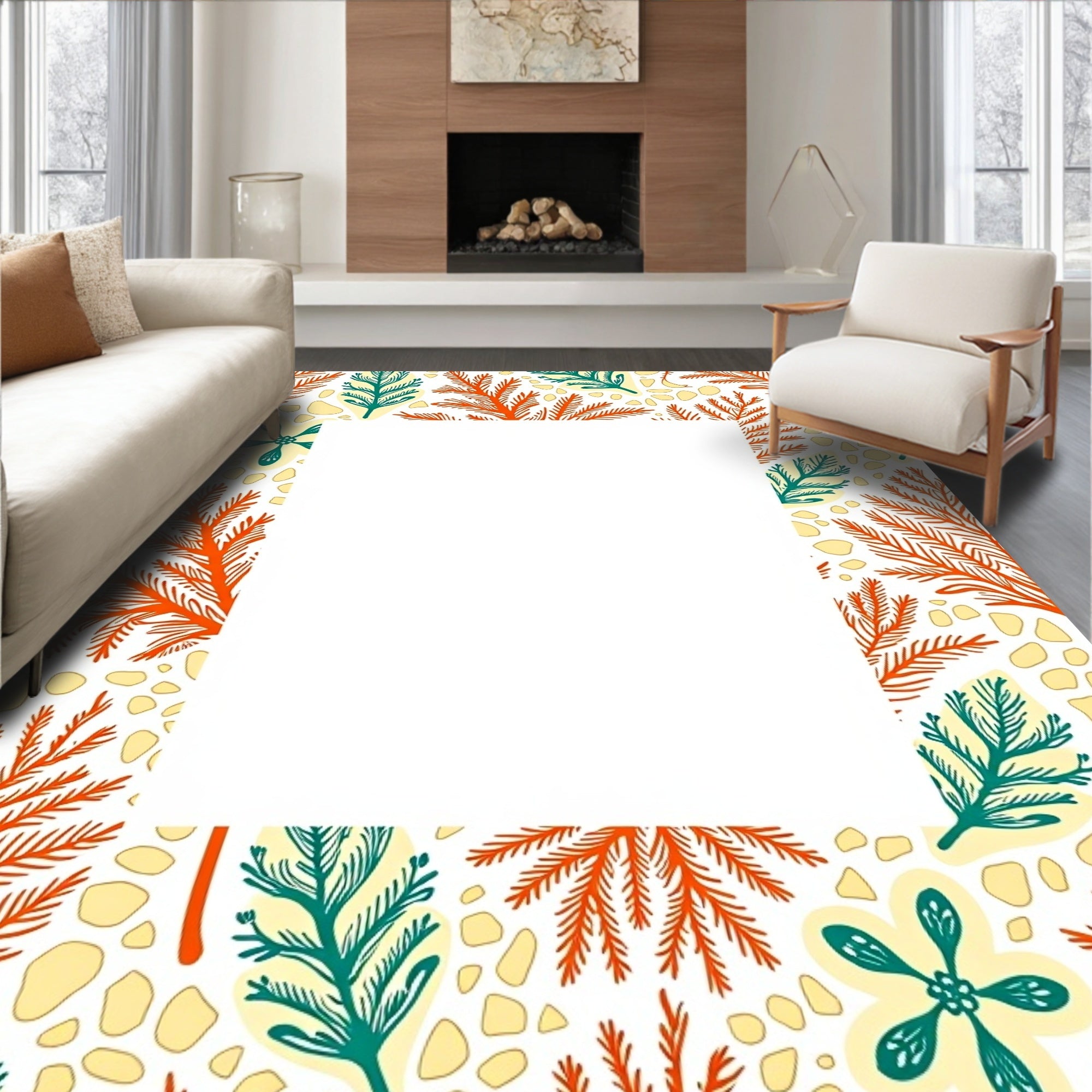 Coral Teal Fern Meadow Rug