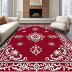 Deep Red White Curlicue Border Tapestry Rug