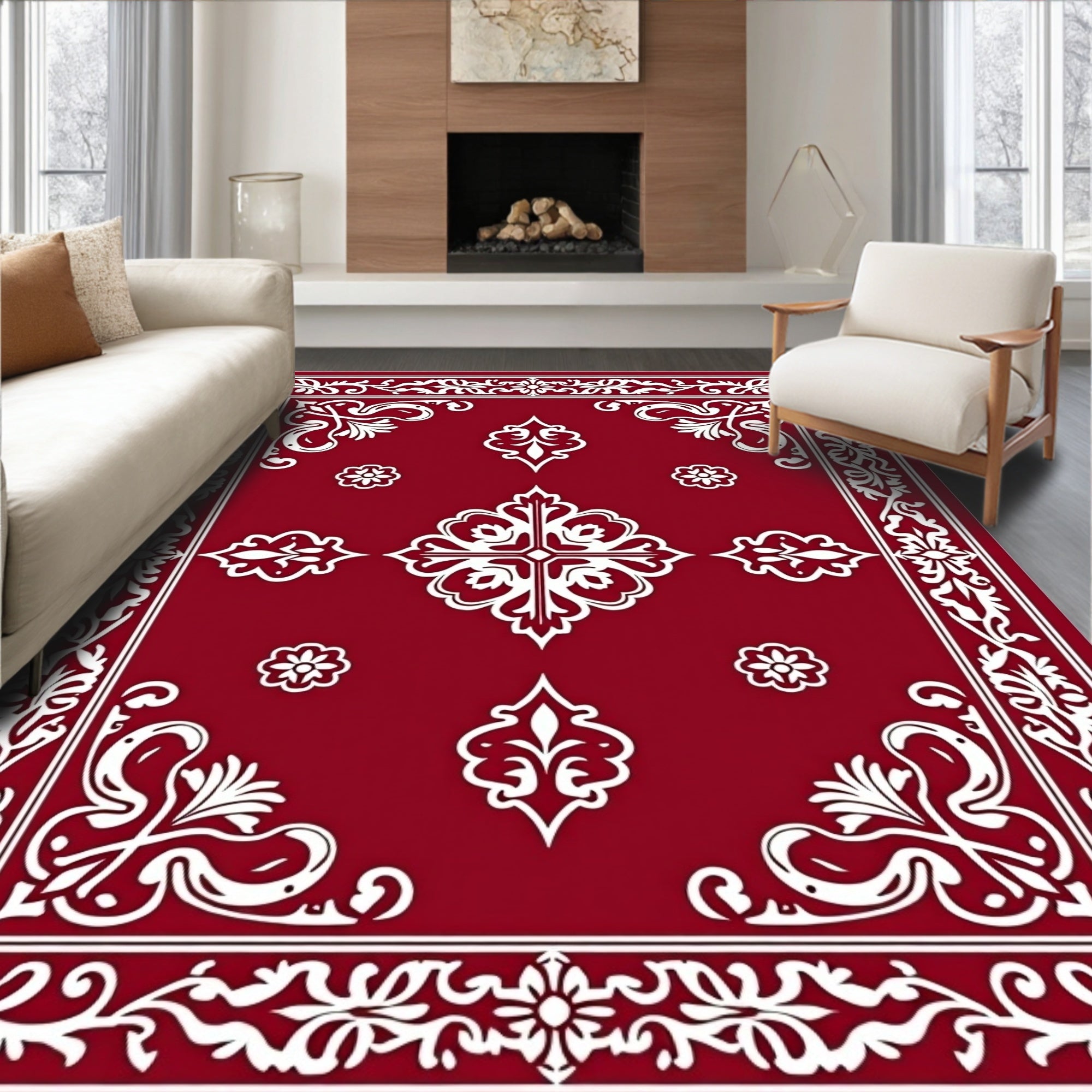 Deep Red White Curlicue Border Tapestry Rug