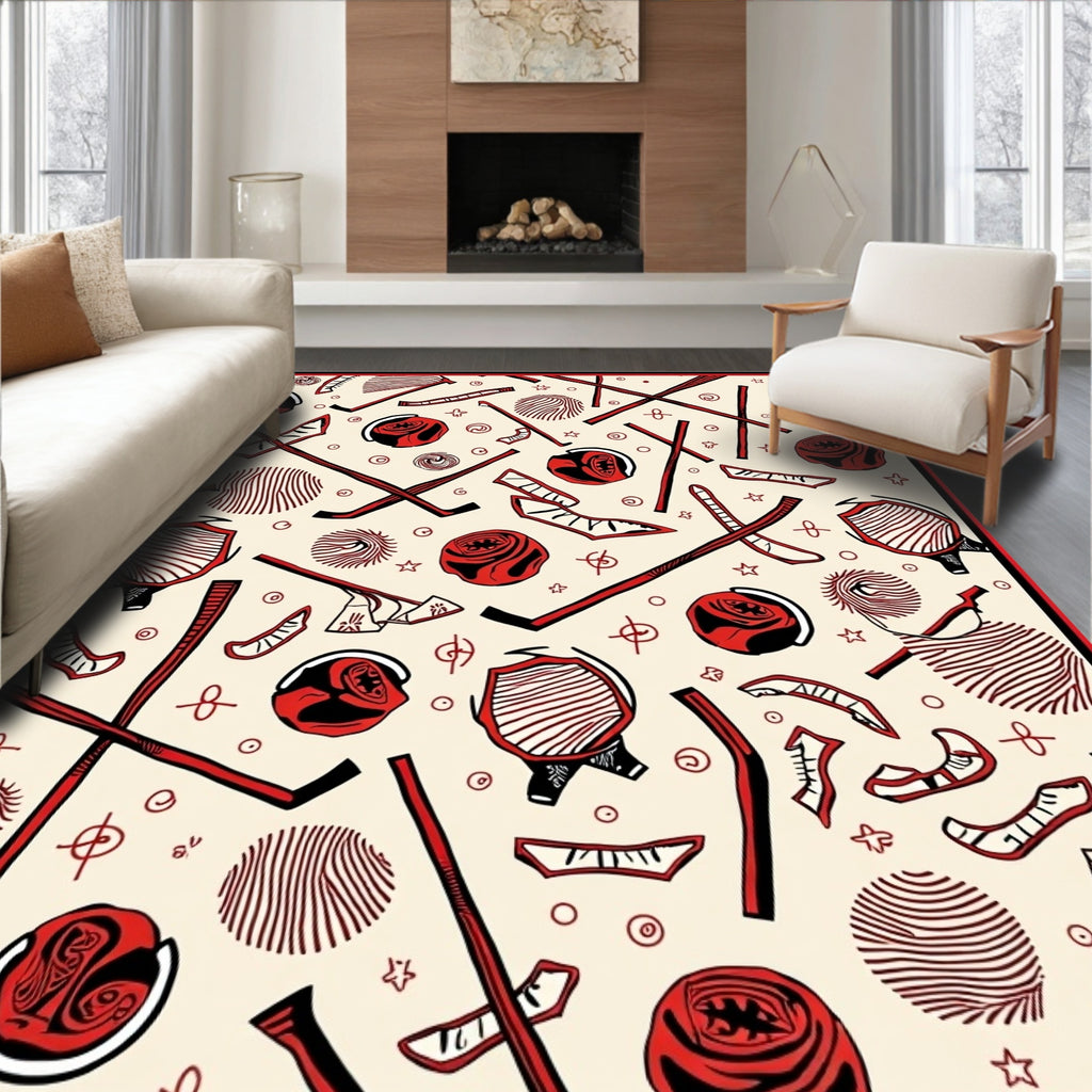 Vibrant Red Hockey Stick Puck Graphic Rug