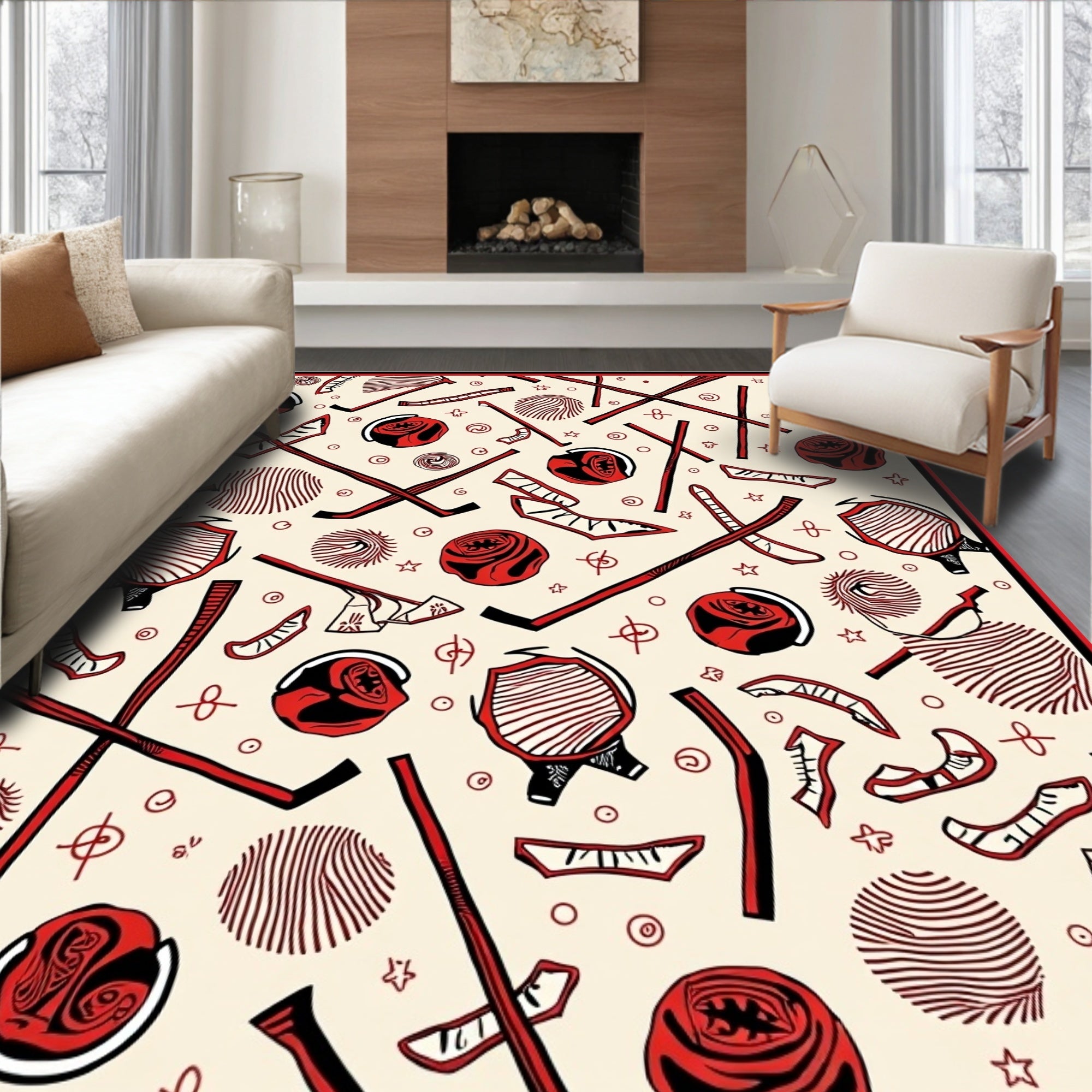 Vibrant Red Hockey Stick Puck Graphic Rug