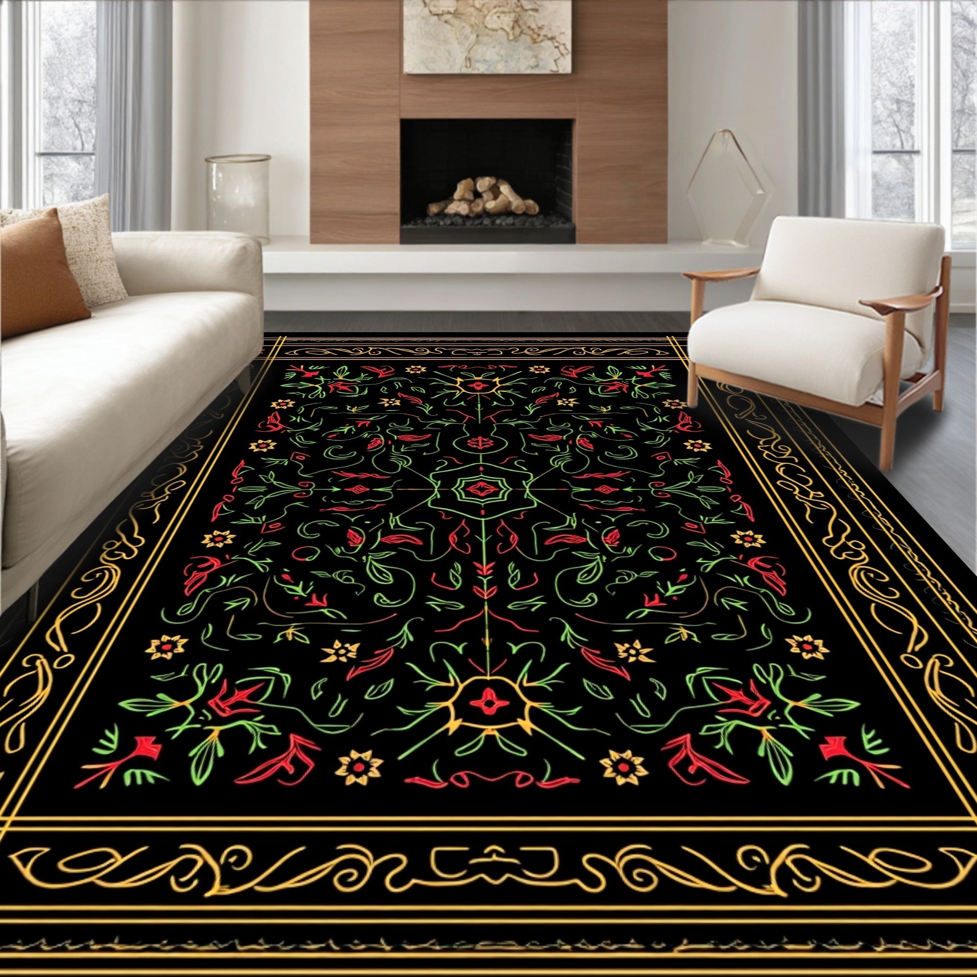 Red Green Floral Ornate Medallion Rug